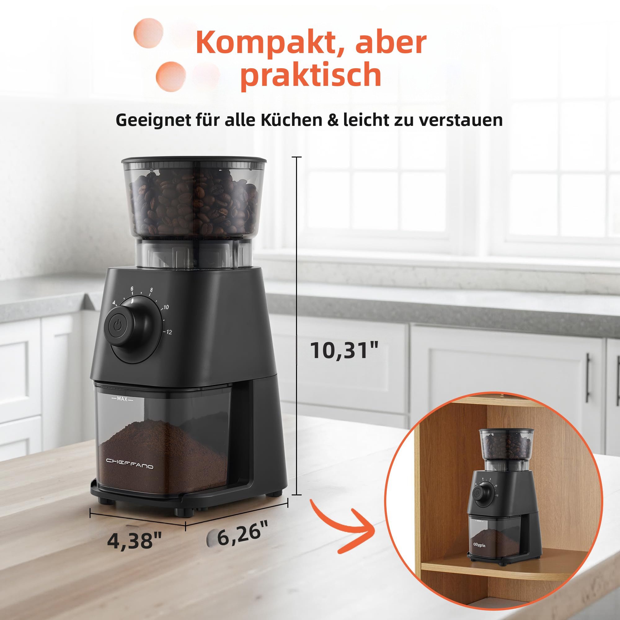 CHEFFANO Kaffeemühle Elektrische, konische Kaffeebohnenmühle mit 30 Mahlgradstufen, 150 W, Scheibenmahlwerk, 130 g Bohnenbehälter