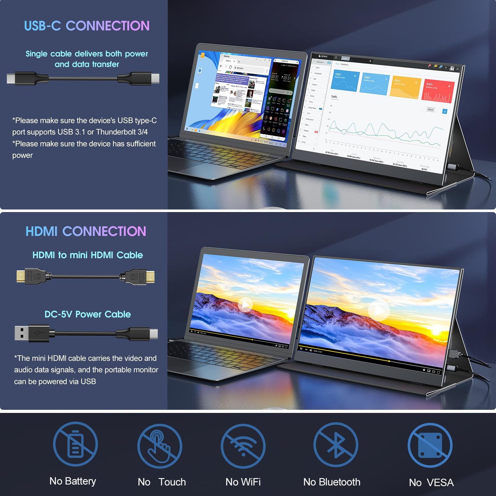 Bundviel Portable Monitor 15,6-Zoll tragbarer Monitor mit USB-C & HDMI, 1080P Portabler Monitor (40 cm/15.6 ", 1920 x 1080 px, FHD, 3 ms Reaktionszeit, 60 Hz) – Bild 2 von 5