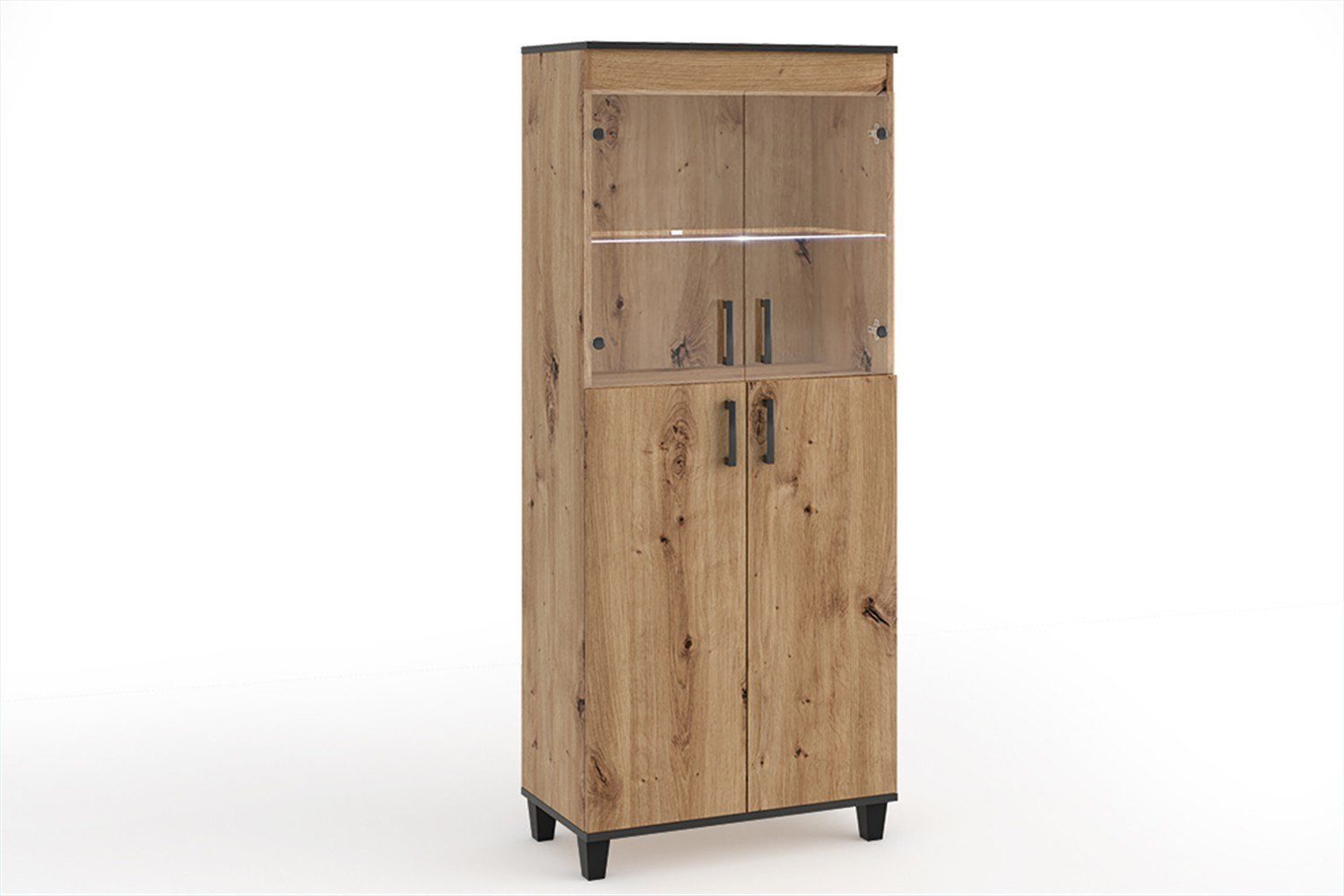 Masseno Glasvitrine CORTEZA 193 x 80 cm Vitrine Vitrinenschrank mit 4 Türen Eiche Artisan