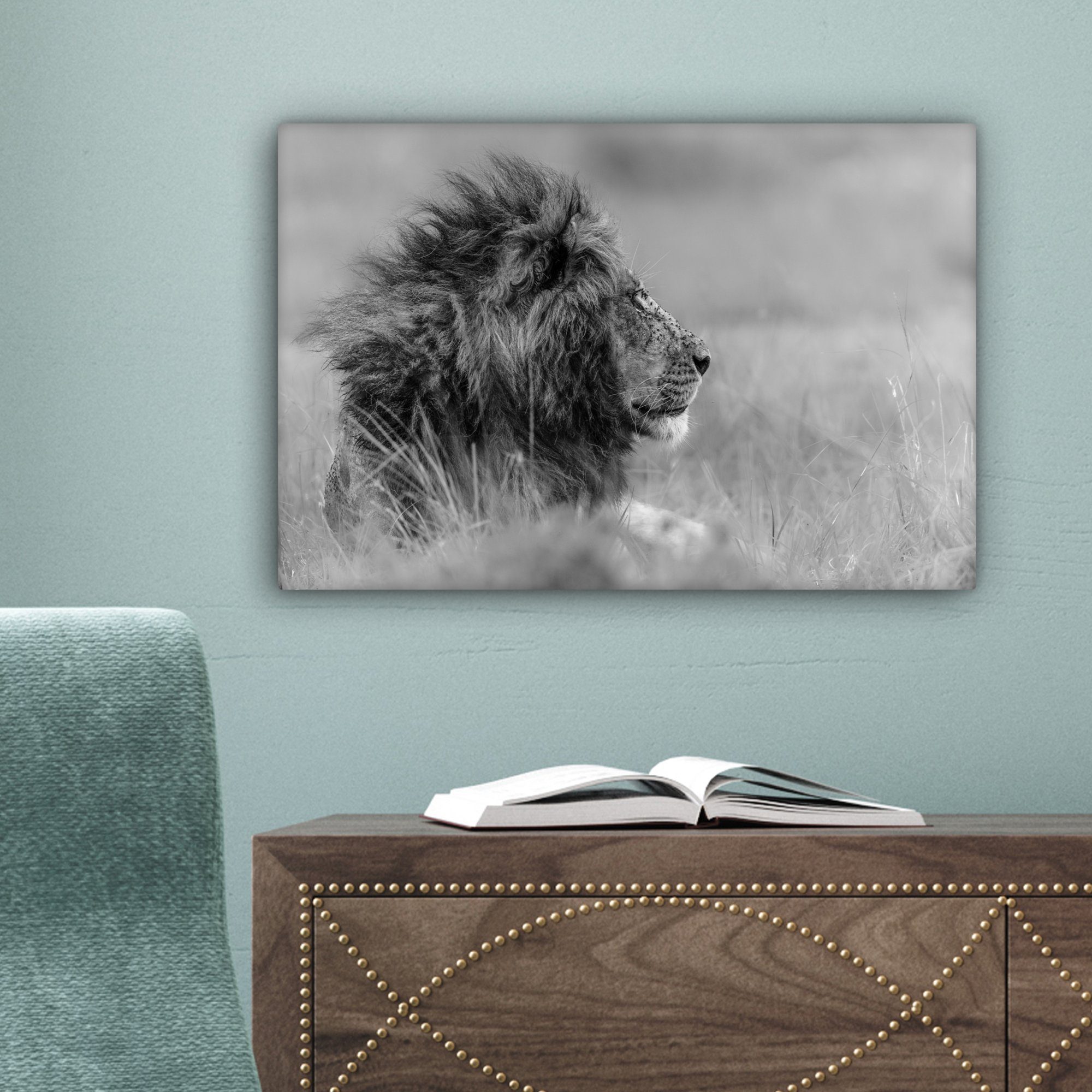 Leinwandbilder, - Natur, Löwe 30x20 Schwarz Leinwandbild Wandbild Aufhängefertig, Tiere - OneMillionCanvasses® cm - - St), (1 Weiß Wanddeko,