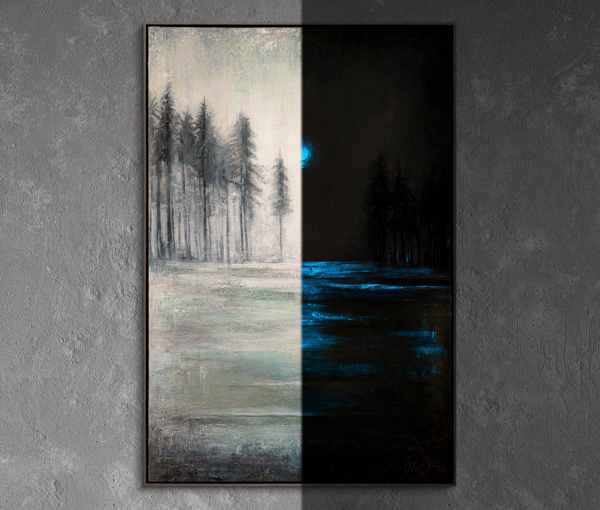 YS-Art Gemälde «Heilender Wald», Landschaft Mit Rahmen in Grau