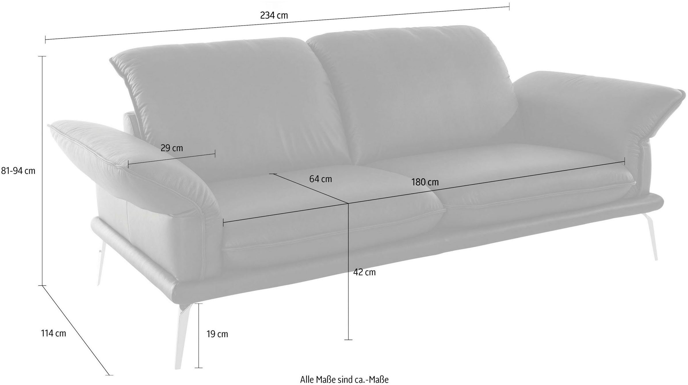 W.SCHILLIG 2,5-Sitzer sherry, Kopfstützenverstellung, Breite in Chrom Metallfüße glänzend, 234 cm