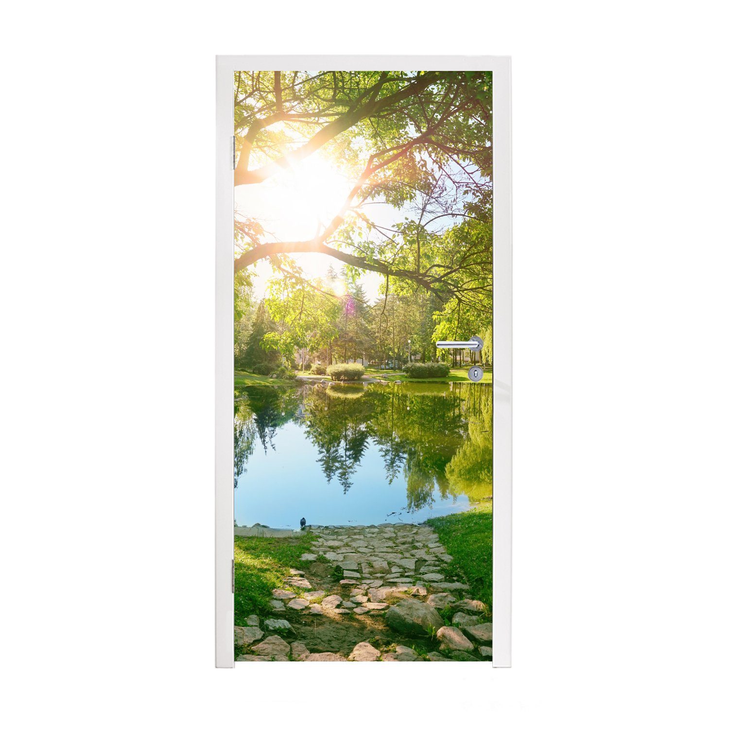 MuchoWow Türtapete Bäume - See - Sonne - Gras - Natur, Matt, bedruckt, (1 St), Fototapete für Tür, Türaufkleber, 75x205 cm