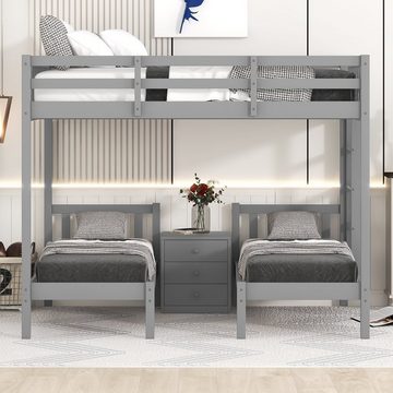 Merax Hochbett 140x200/70x140cm aus Kiefer mit Nachttisch, Kinderbett (3-St) Etagenbett mit 3 Liegeflächen, Leiter und Rausfallschutz