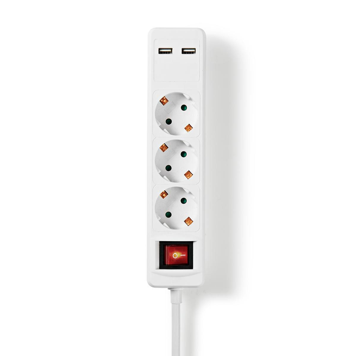 Nedis EXSO315UFSWT Mehrfachsteckdose (Überhitzungsschutz, Kabellänge 1.50 m), Schutzkontakt, Typ F, 3-Wege, 230 V AC, On/Off-Schalter, 45° Winkel