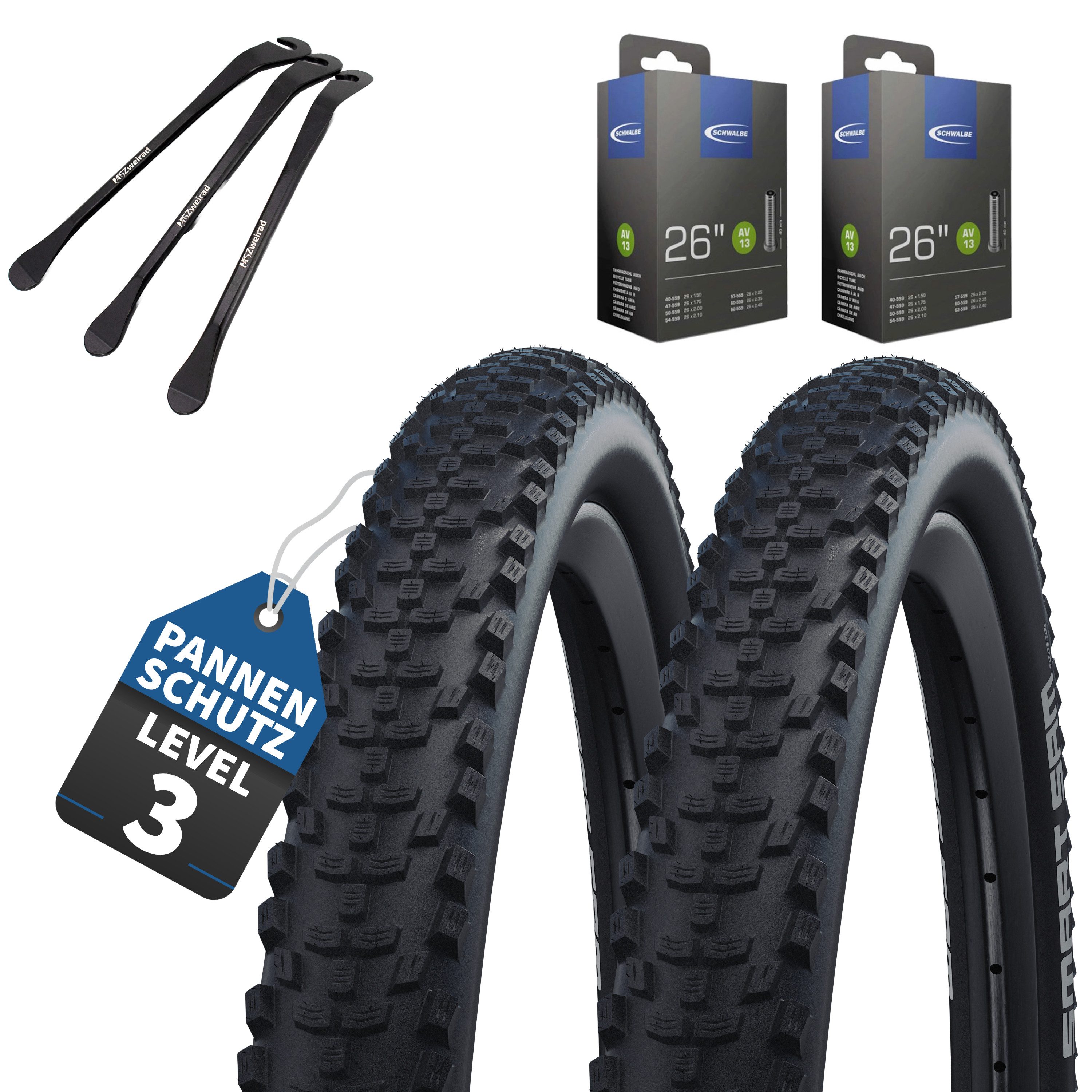 MSZweirad Fahrradreifen 2x Schwalbe Fahrradreifen Smart Sam K-Guard 26x2.10 (54-559) + Heber