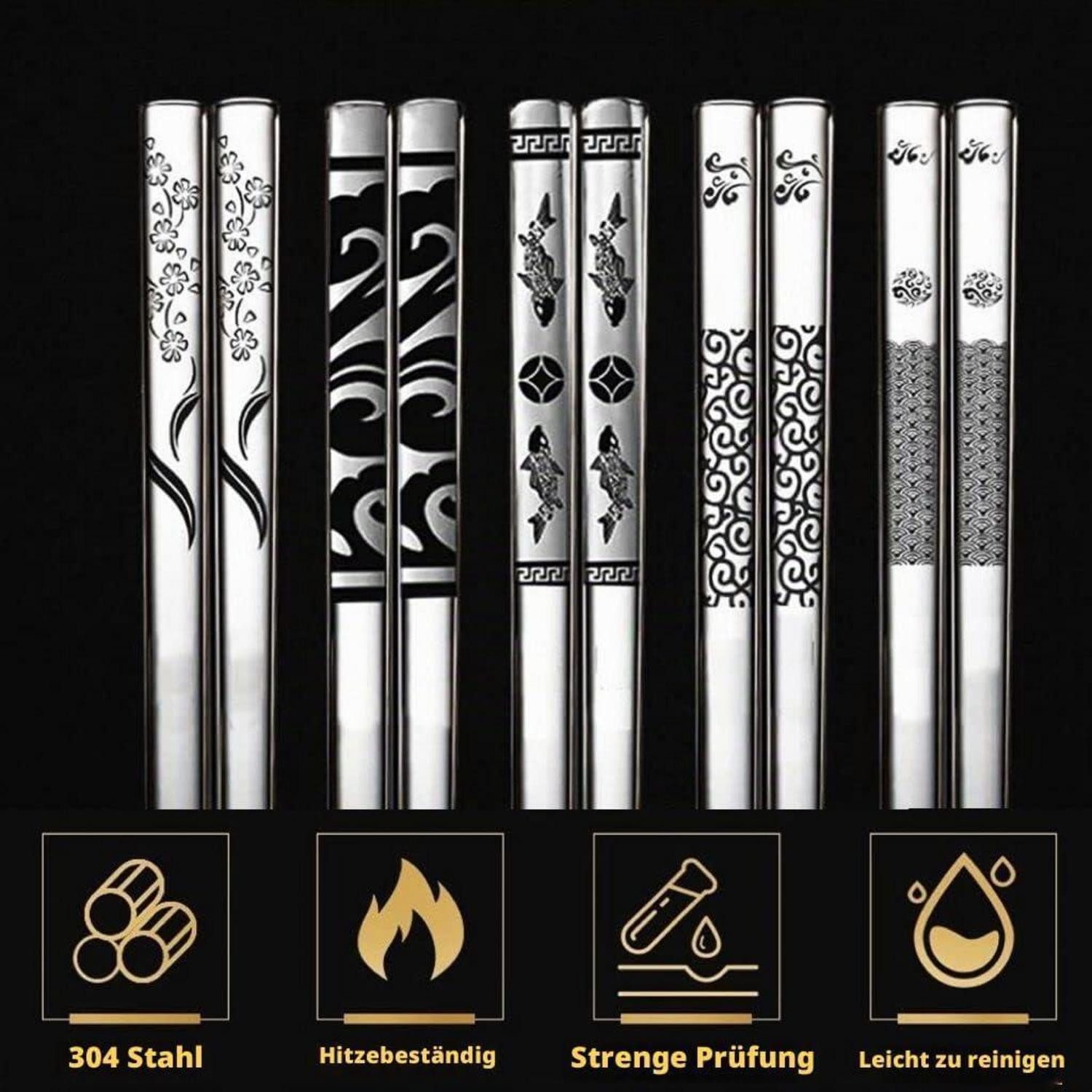 LuxusKollektion Essstäbchen Essstäbchen Edelstahl 5 Paar Lasermuster Geschenkset – Bild 4 von 5