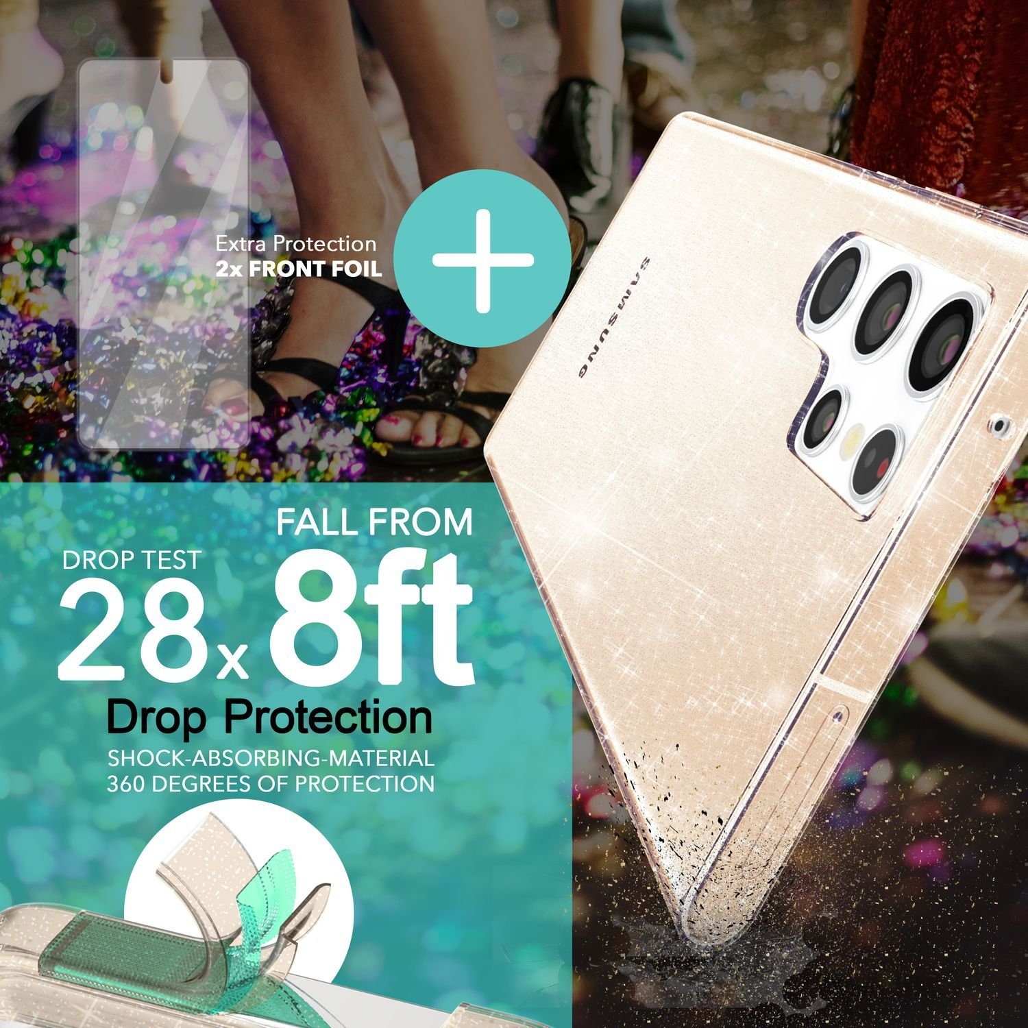 Nalia Smartphone-Hülle Samsung Galaxy S23 Ultra 17,3 cm (6,8 Zoll), Klare Glitzer Silikon Hülle / 2x Displayschutz / Glitter Bling Cover
