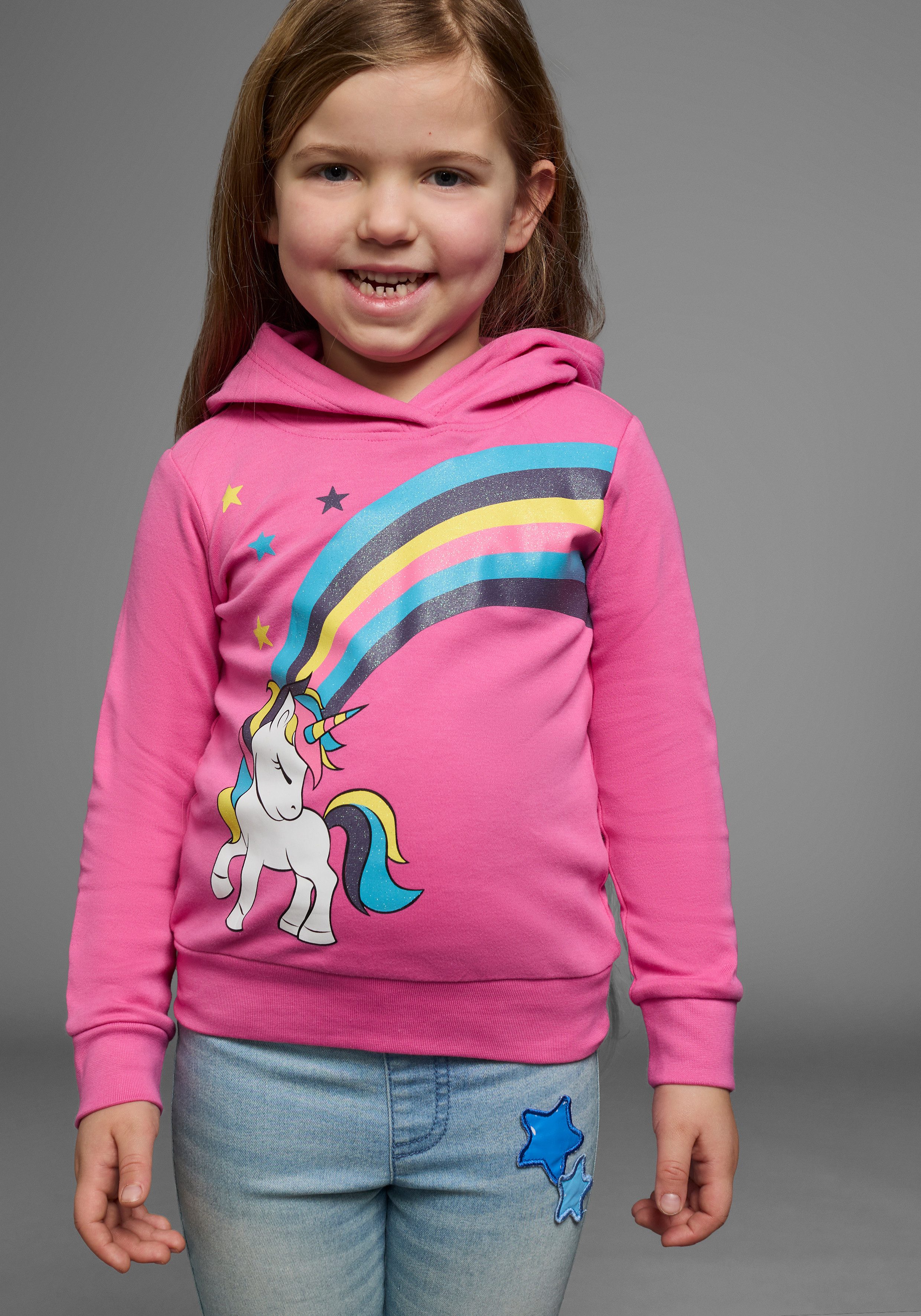 KIDSWORLD Langarmshirt mit EINHORN Regenbogen Einhorn-Druck, Langarm, Basic-Passform, aus Baumwolle