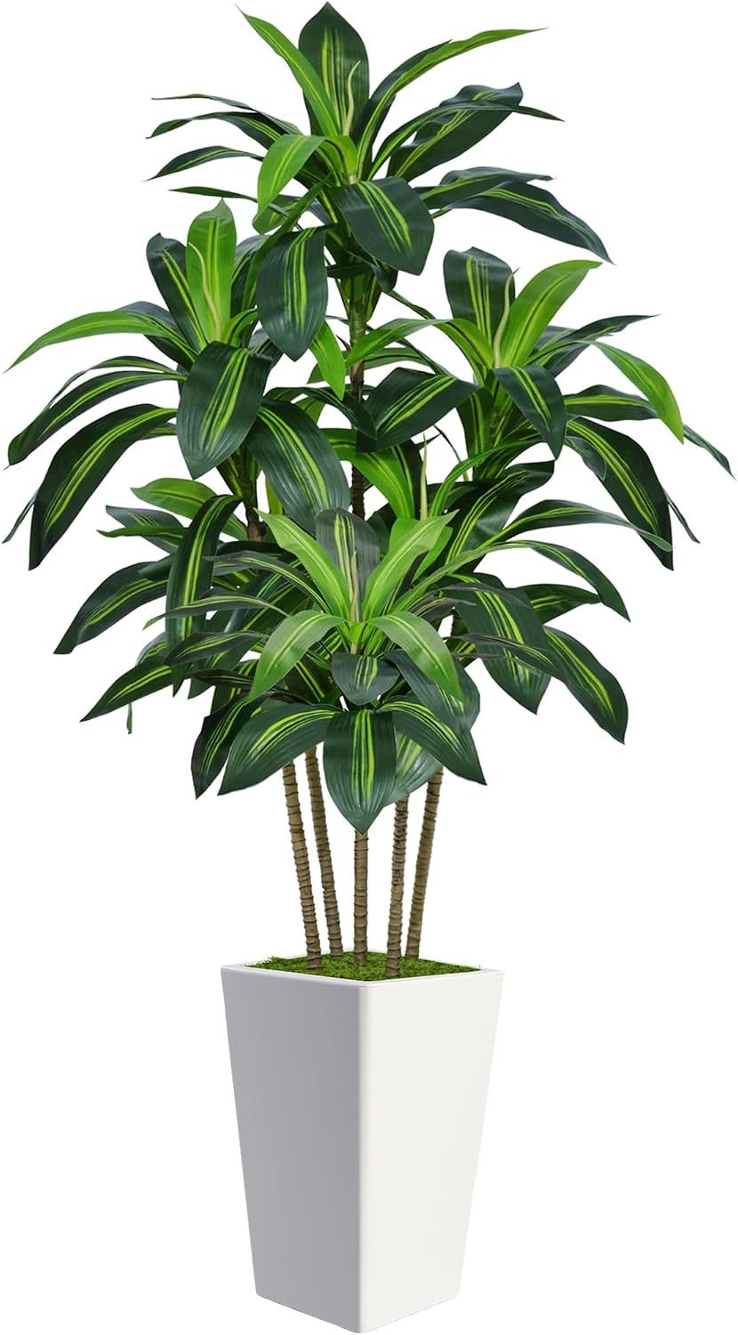Kunstbaum Künstlicher Drachenbaum 150 cm mit hohem weißem Pflanzgefäß realistischer Kunstbaum & Dekobaum, große Kunstpflanze, geruchlos & pflegefrei, mit verstellbaren Zweigen und Blättern, Refined Living, Höhe 150 cm, einfache Montage für Wohnzimmer,Schlafzimmer,Büro,Flur,Eingangsbereich