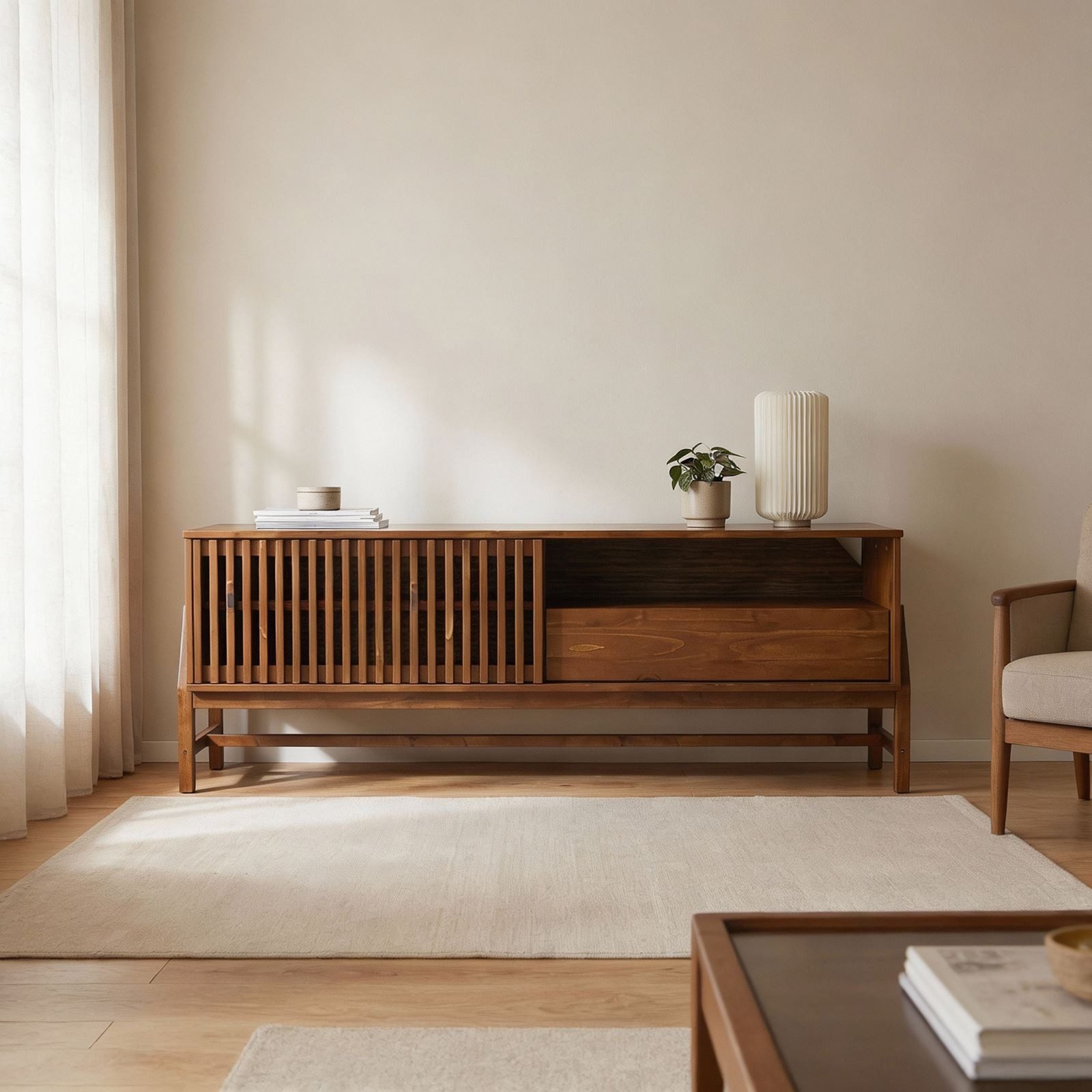 IDIMEX Lowboard ADAMO, Sideboard 145 cm aus Massivholz mit Lamellen-Schiebetür KastanieFinish