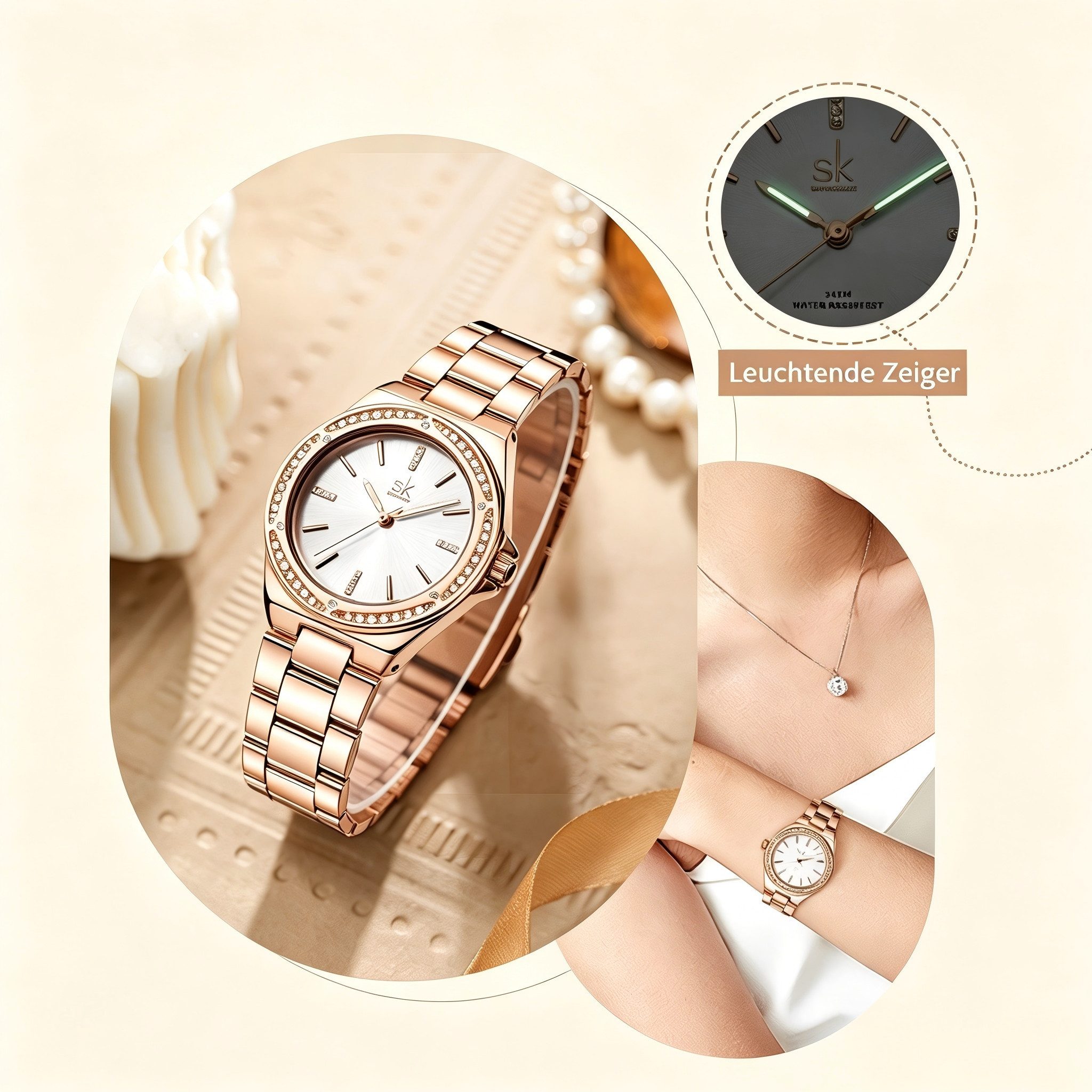 ibettertec Quarzuhr Armbanduhr Damen, Mit Kristallen besetzt, Modern & edel, (Packung, 3ATM wasserdicht, Elegant, Zeitlos, Geschenk für Frauen), Roségold Uhr, U – Bild 5 von 5