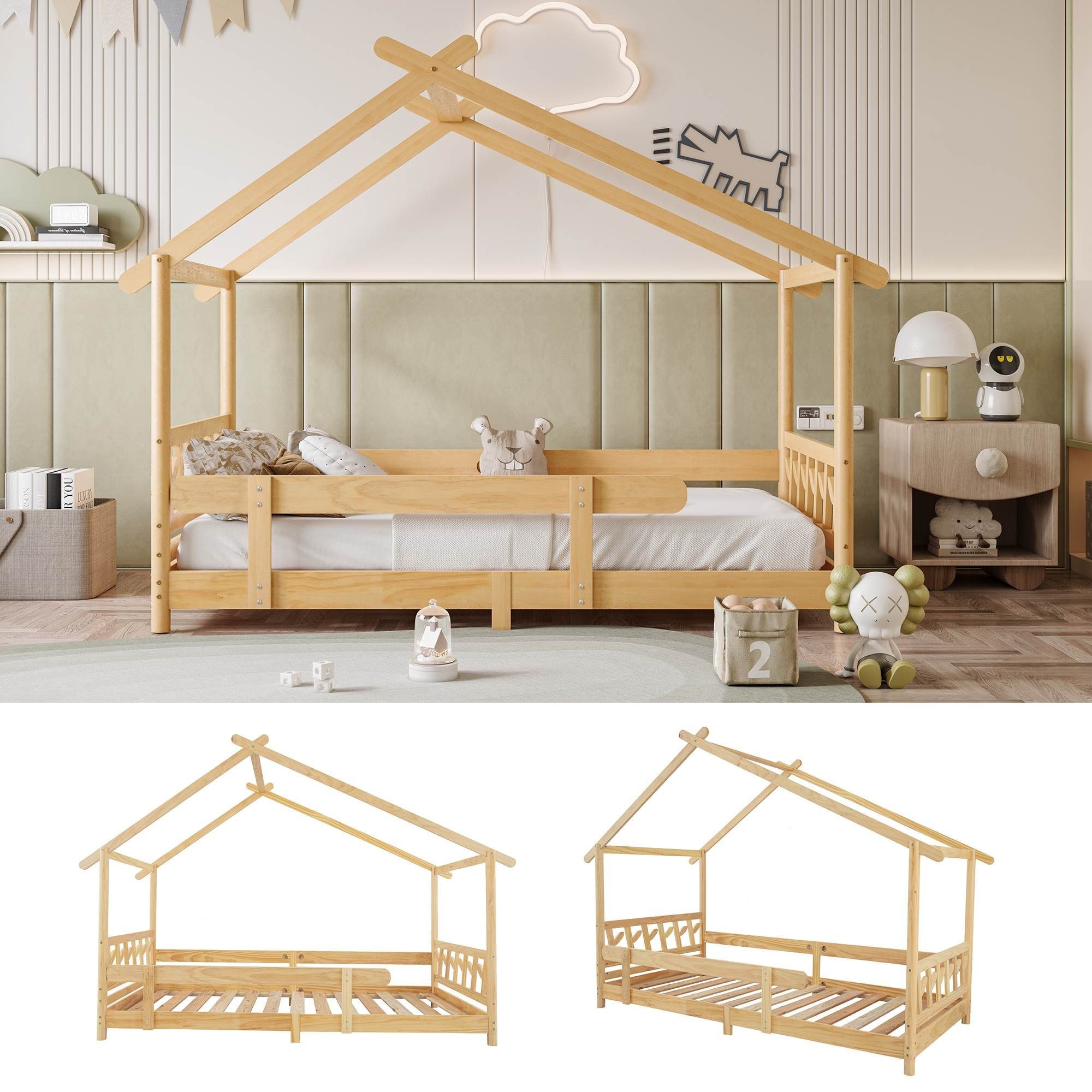 BlingBin Hausbett 200x90cm Kinderbett mit Gitter und Lattenrost (1er Set, 1-tlg., Bett ohne Matratzen), Massivholz Bett, für Kinder und Jugendliche Natur | Natur