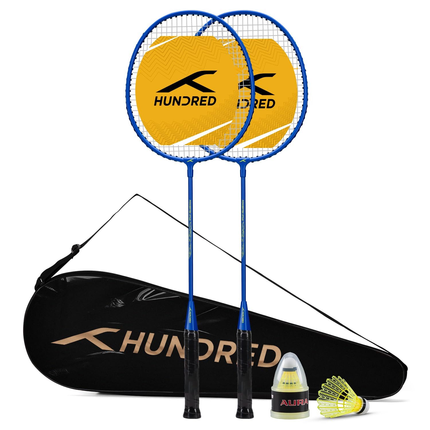 hundred Badmintonschläger Powertek Star Badminton Set zwei Schlägern und Zubehör Komplettpaket, (Badminton Spielset, 2 Schläger, Schutzhülle, Federbälle), Leichtbauweise, spielbereit, ideal für Anfänger