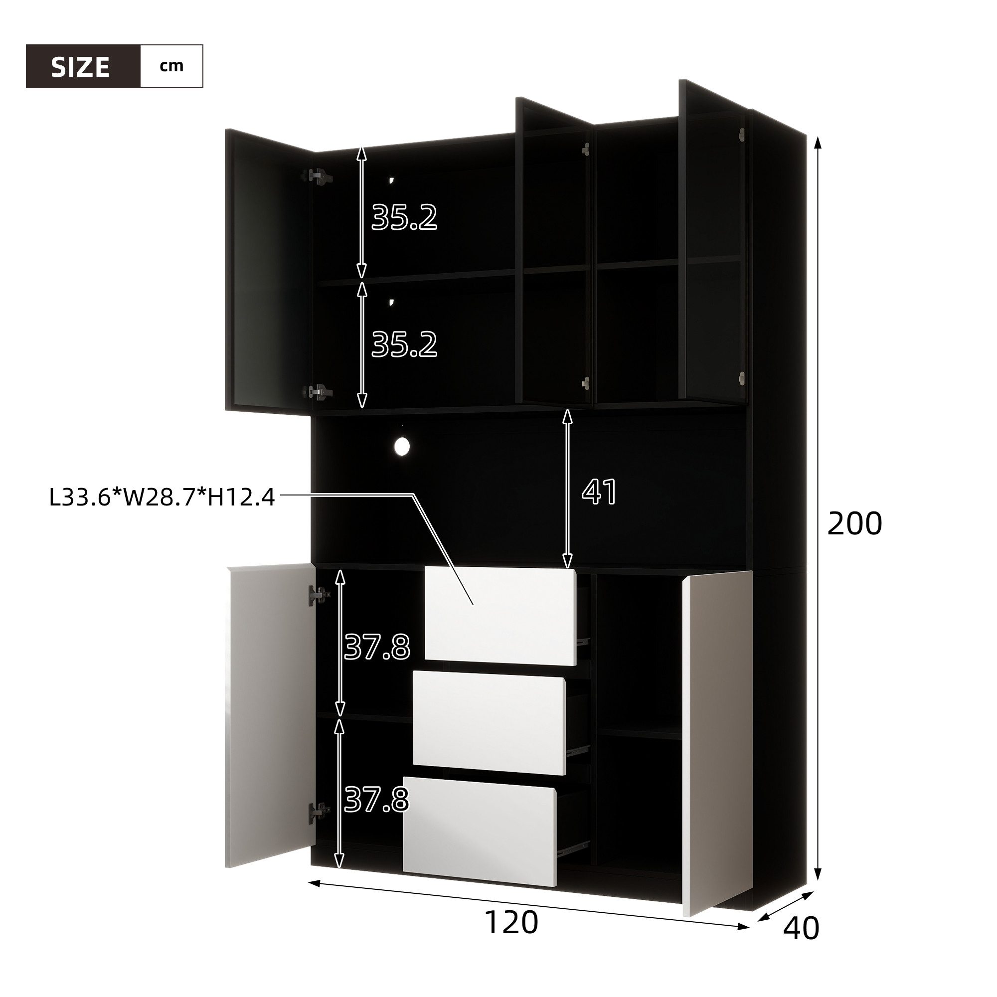 Flieks Küchenbuffet Hochschrank mit LED-Beleuchtung, Glastüren und 3 Schubladen (1-St., B120×T40×H200 cm) Glasvitrine Küchenschrank Mehrzweckschrank mit Arbeits – Bild 5 von 5