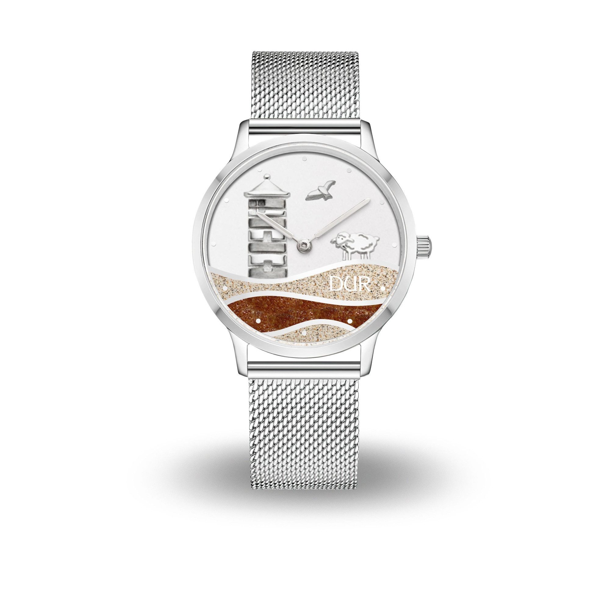 DUR Quarzuhr Damenuhr DW055 "Pilsumer Leuchtturm" – Strandsand & Bernsteinsand, Meshband, 36 mm