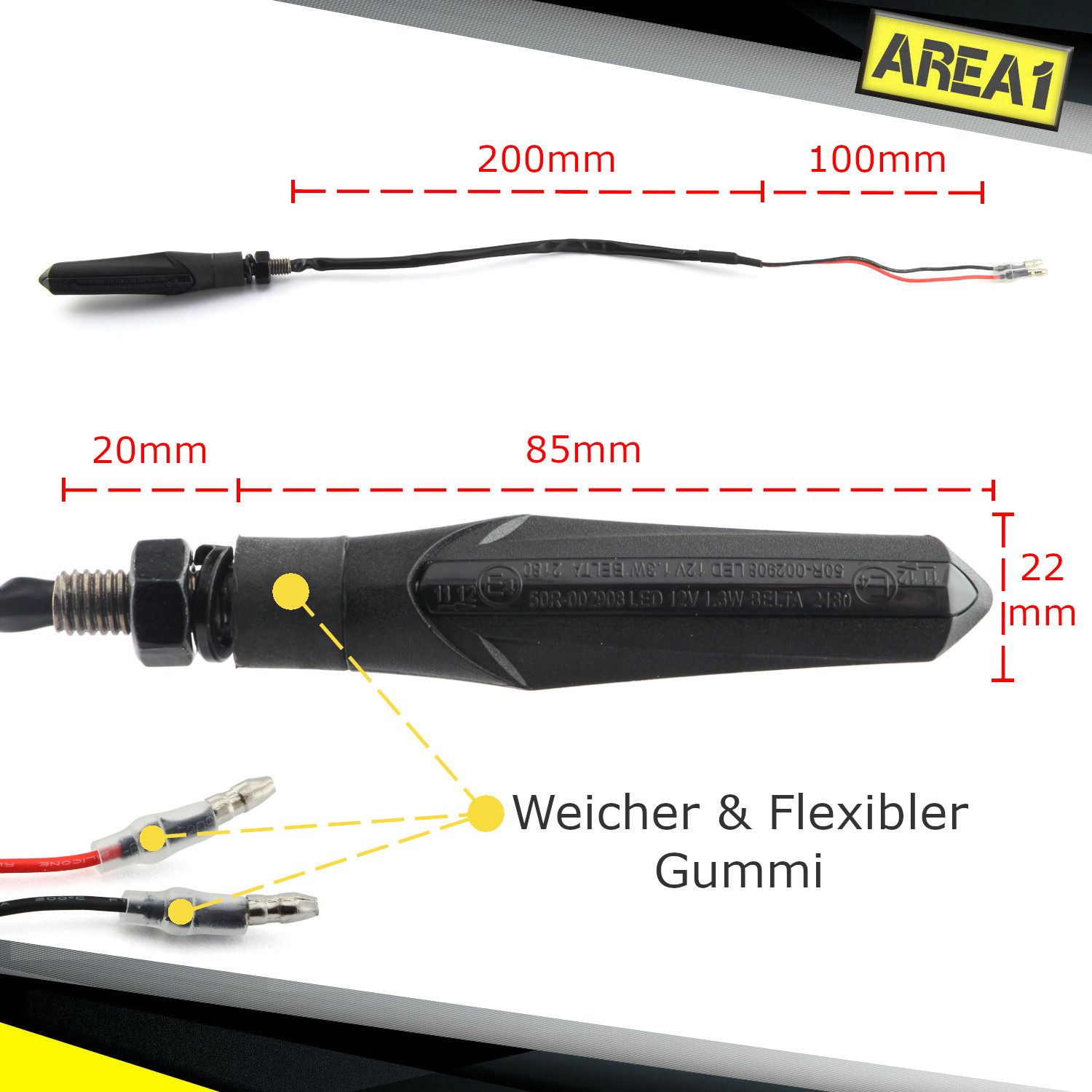 Area1 Blinker Motorrad LED Blinker e-geprüft schwarz, Lauflicht-Effekt, M8 Set (2), Lauflicht