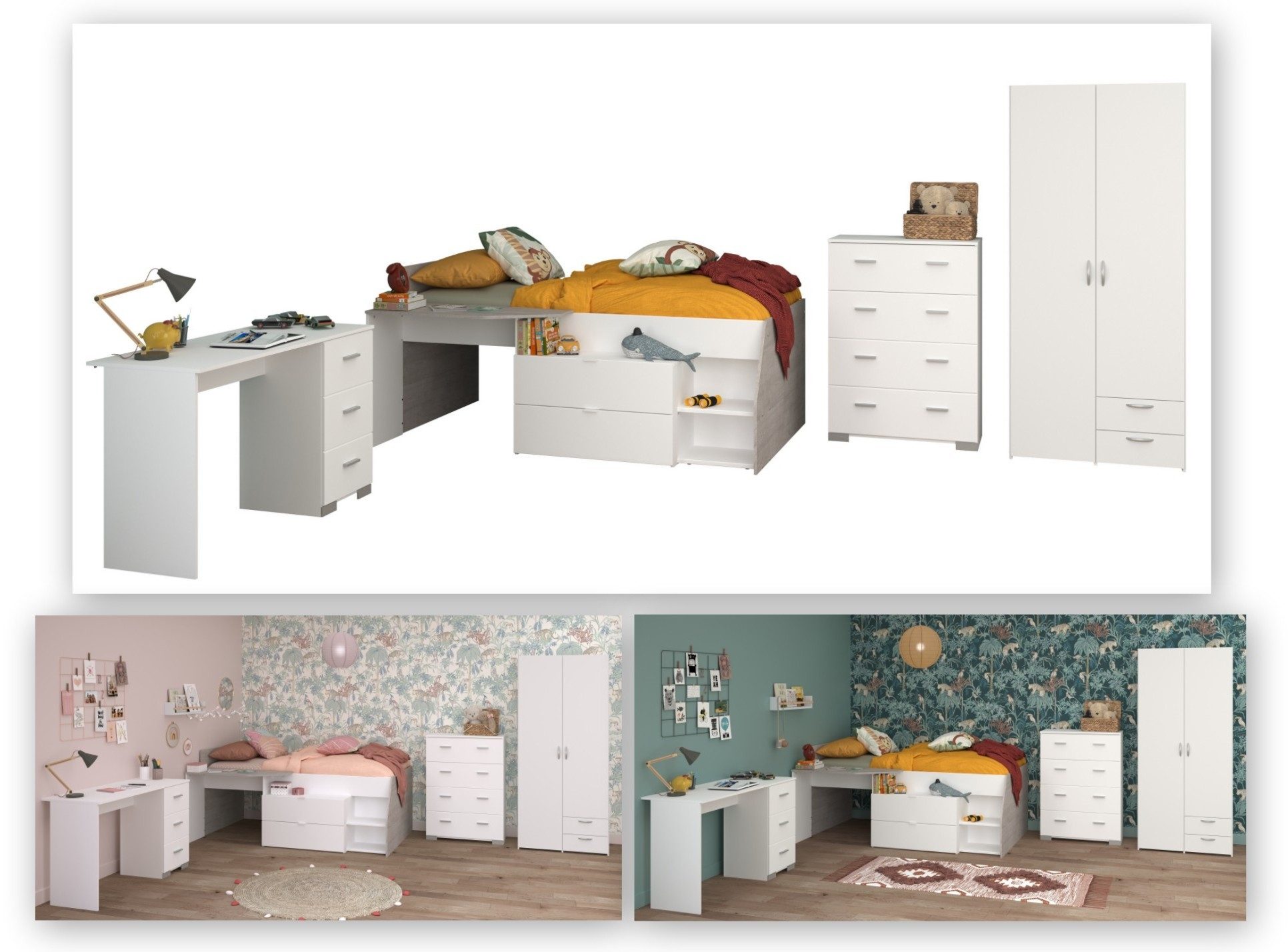Parisot Jugendzimmer-Set Parisot Milky 11, 4-teilig, Bett, Kleiderschrank, Kommode, Schreibtisch, in Weiss / Grey