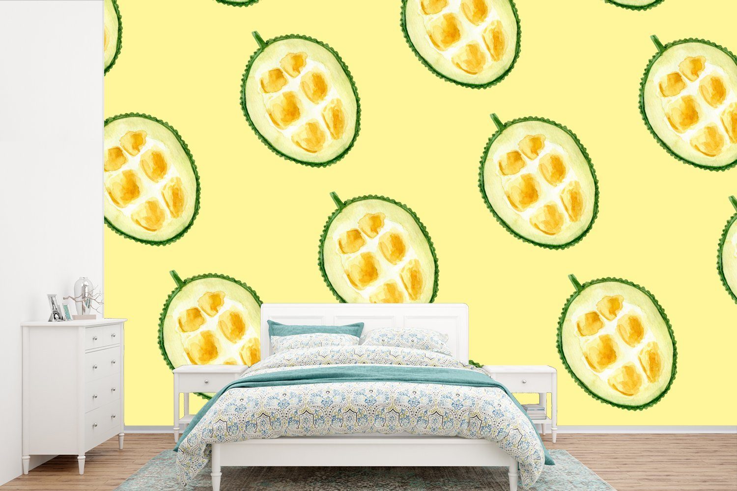 MuchoWow Fototapete Zitrusfrüchte - Obst - Schablonen, Matt, bedruckt, (6 St), Wallpaper für Wohnzimmer, Schlafzimmer, Kinderzimmer, Vinyl Tapete | Fototapeten