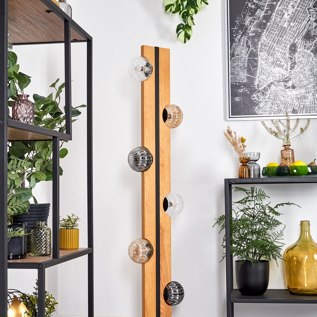 hofstein Stehlampe Stehlampe aus Holz/Metall/Riffelglas in günstig online kaufen