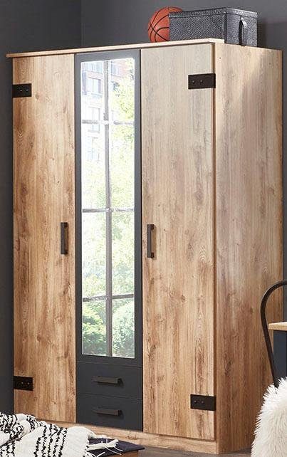 Wimex Kleiderschrank Liverpool, Made in Germany mit Spiegel und 2 Schubladen, 135x58x199cm, Industrial Design