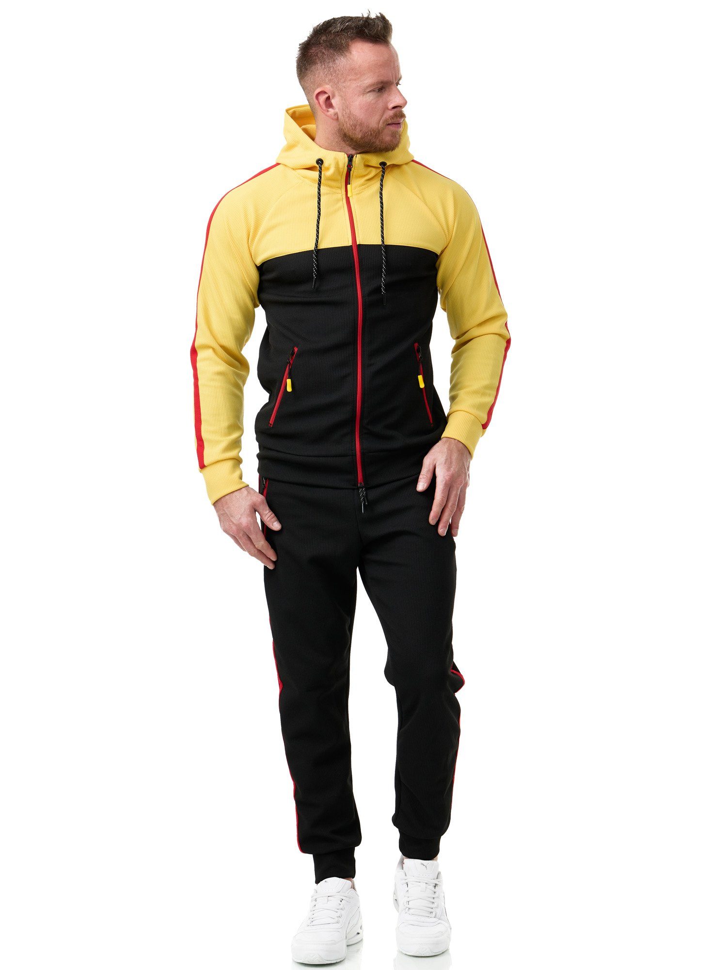 L.gonline Freizeitanzug Herren Jogginganzug Freizeitanzug Sportlich 3750 (Kapuzenjacke mit Reißverschluss, Hose, 2-tlg), mit Streifen – Bild 3 von 5
