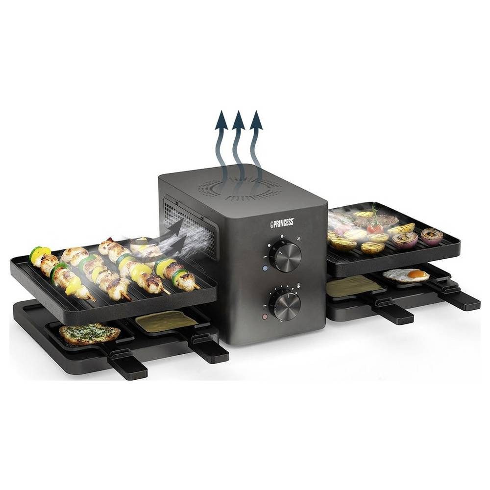 PRINCESS Raclette Princess 162660 Raclette Purify – Luftfiltersystem – Für 8 Personen, 8 Raclettepfännchen, Purify, Integriertes Luftfiltersystem, Klappbar, PFAS-Frei