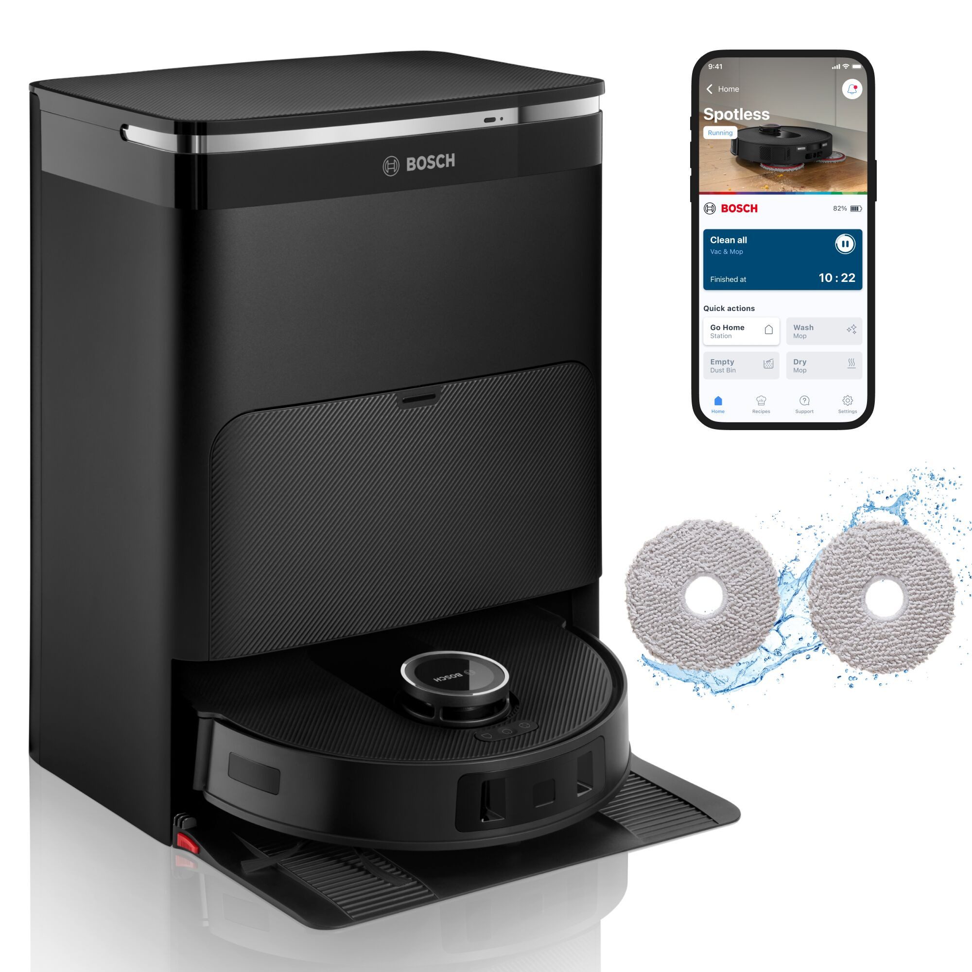 BOSCH Вакуумный робот Spotless Max BCRDW3B, rotierende Wischpads, 70°C Selbstreinigung, 60 W, mit Beutel, Datensicherheit, 11.000 Pa Saugkraft, Absaugstation, Carbon Bürste
