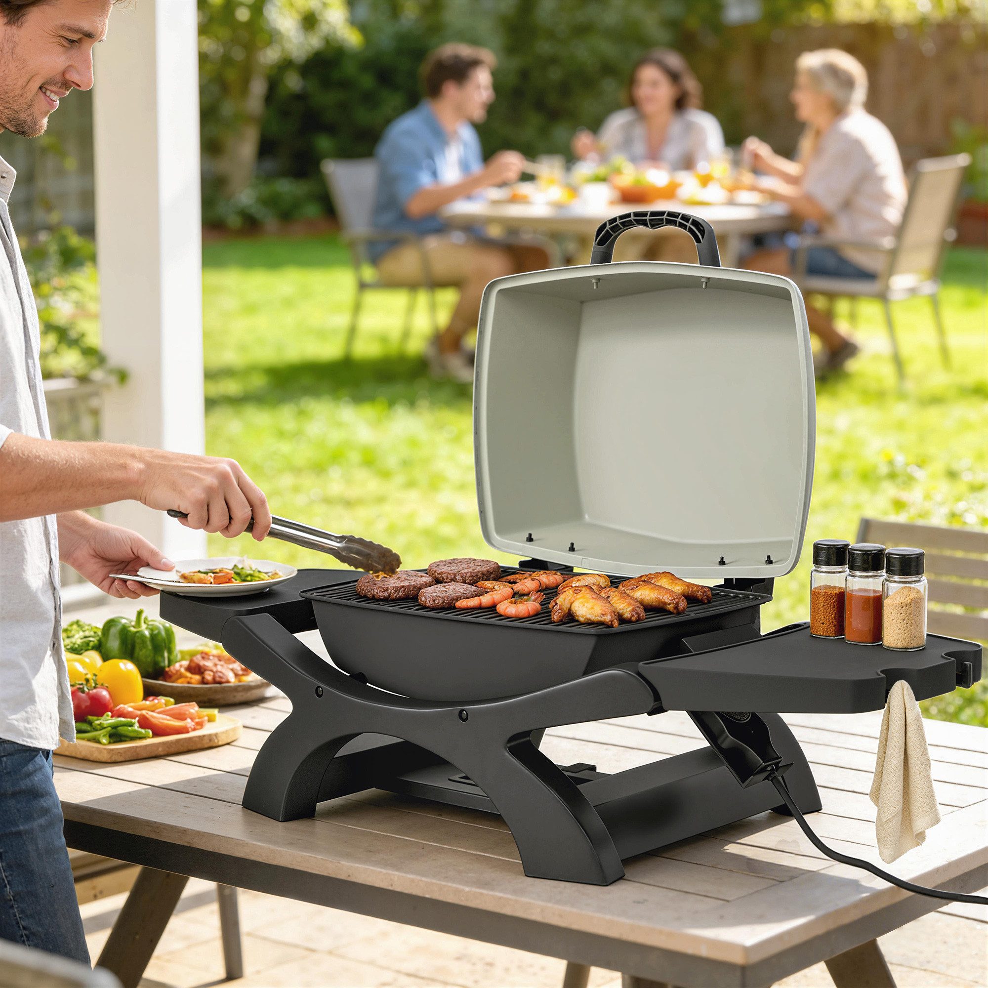 Outsunny Tischgrill mit Antihaftbeschichtete Grillrosten, Abnehmbar Fettauffangschale, 2300 W, für Balkon Innen & Außen Schwarz