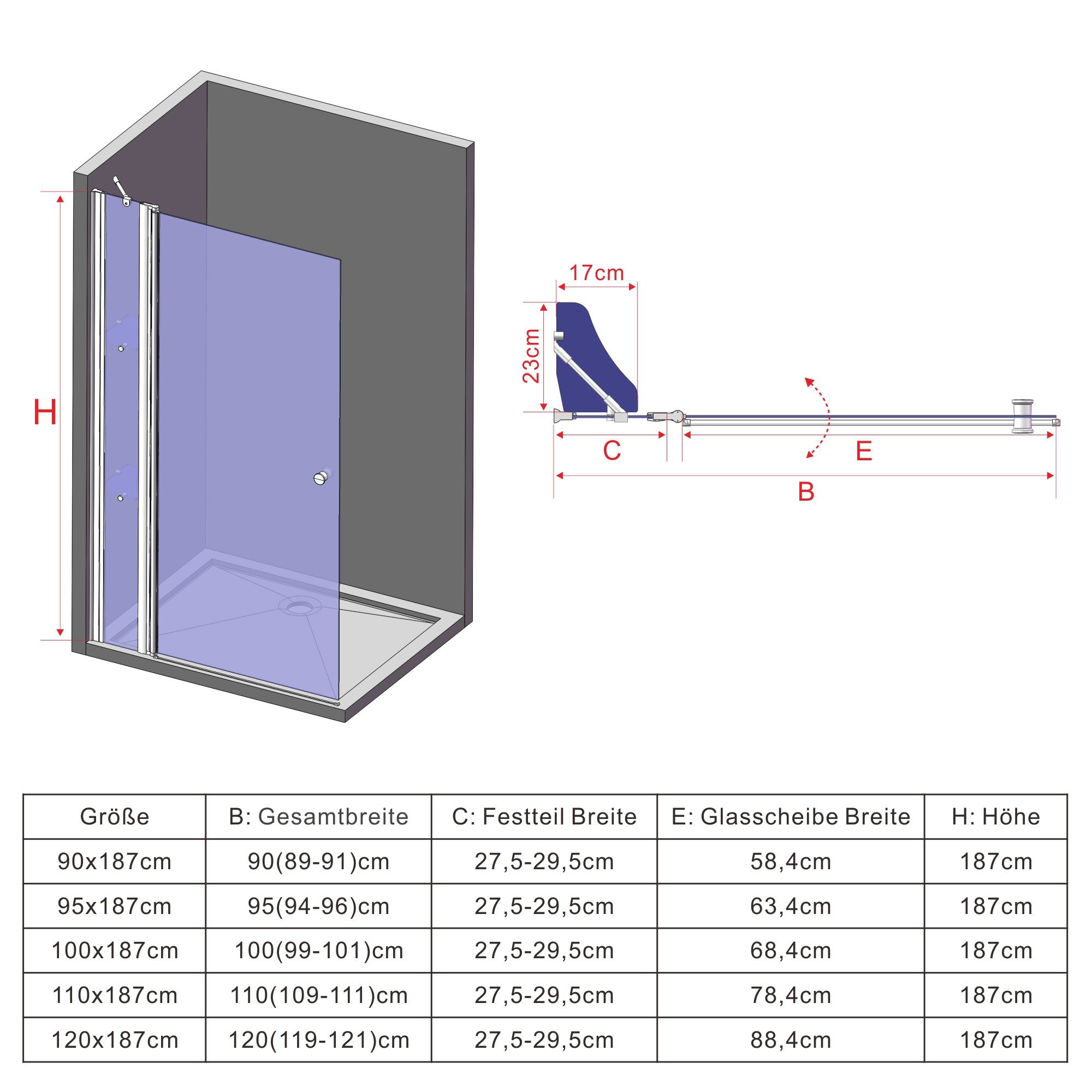 Produktbild von Walk-in Duschkabine – 110 Cm Breit + 90 Cm Seitenwand, Höhe 200 Cm – Aus 8 Mm Nano-Sicherheitsglas, Mit T-Stabilisator