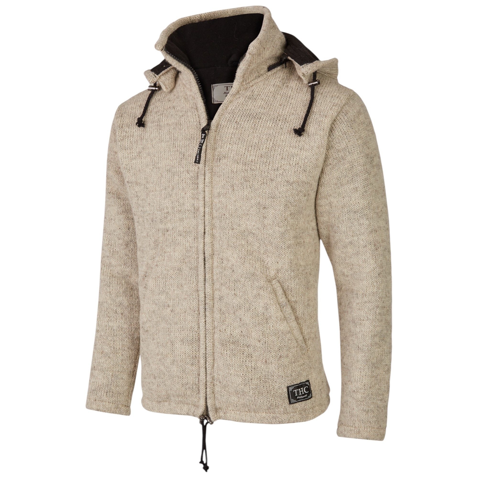 THC Natural Line Strickjacke THC Schafwollstrickjacke Baumwollfutter 853 weiß (1 Stück, 1-tlg., 1 Stück) Strickjacke mit abnehmbarer Kapuze