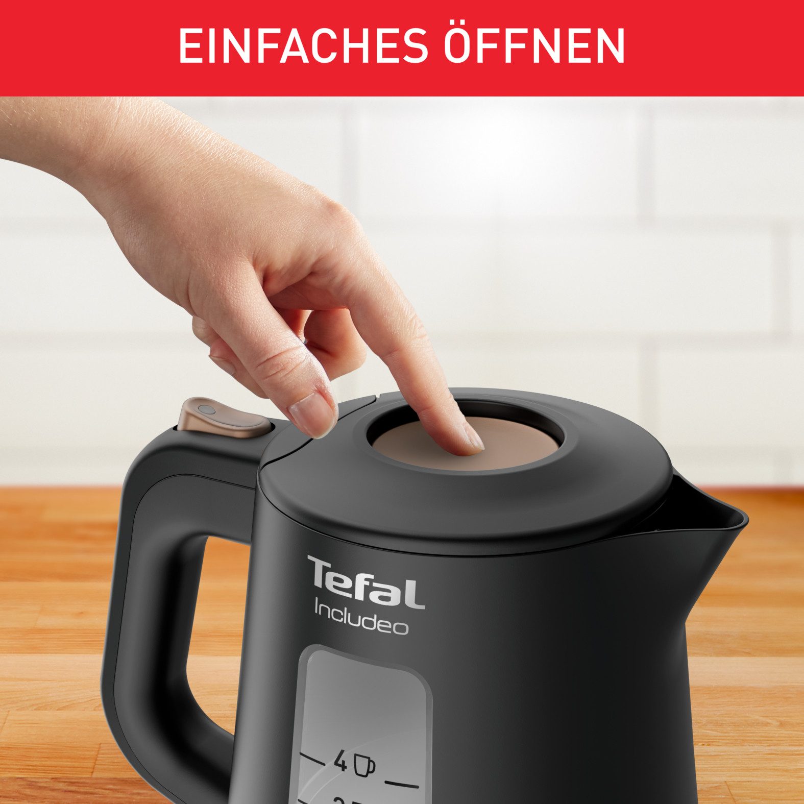 Tefal Wasserkocher KI5338 Includeo, 1 l, 2400 W, Anti-Rutsch-Griff, Wasserstandsanzeige, herausnehmbarer Filter