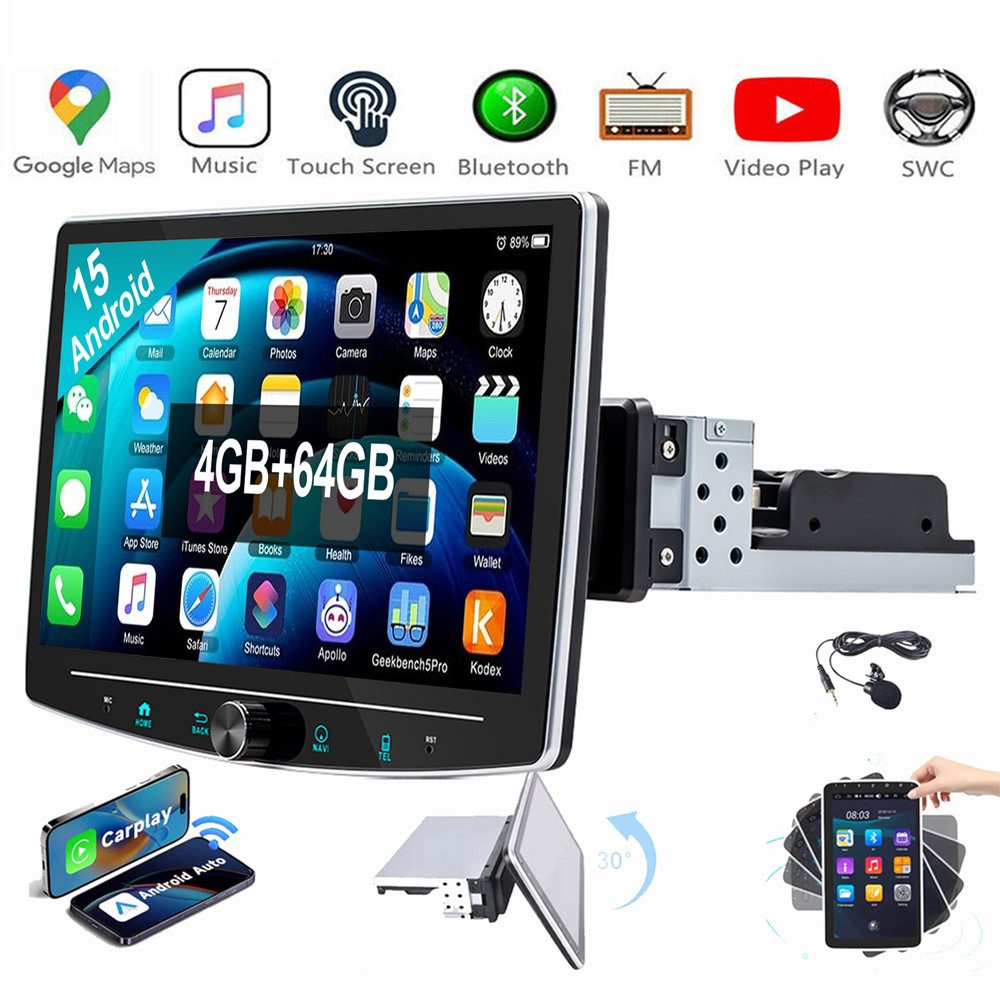 ESSGOO 4+64G Android 15 Autoradio 1 DIN 360° Drehbar Bildschirm Carplay Autoradio (10,1, Digitalradio (DAB), RDS, SWC, BT, NAVI)