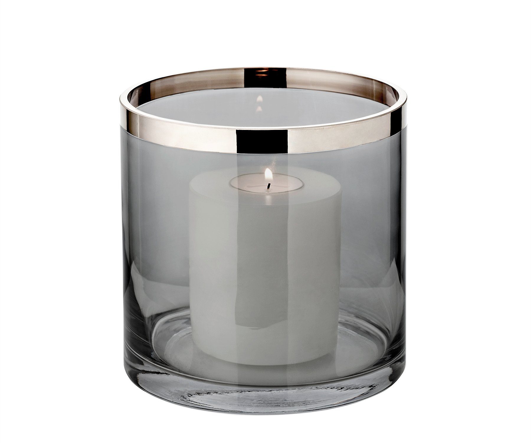 EDZARD Windlicht Zeus, H 15 cm, ø 15 cm, mundgeblasenes Kristallglas mit Platinrand, Kerzenhalter für Stumpenkerzen in dunkler Edition