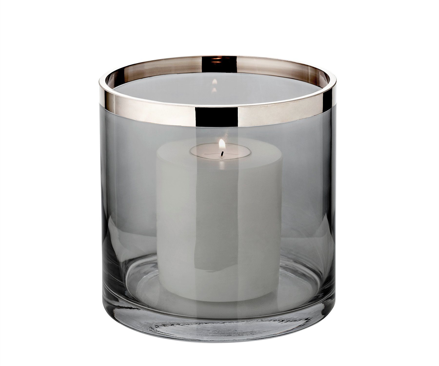 EDZARD Windlicht Zeus, Rauchglas, dunkles Kristallglas mit Platinrand, H 15 cm, Ø 15 cm