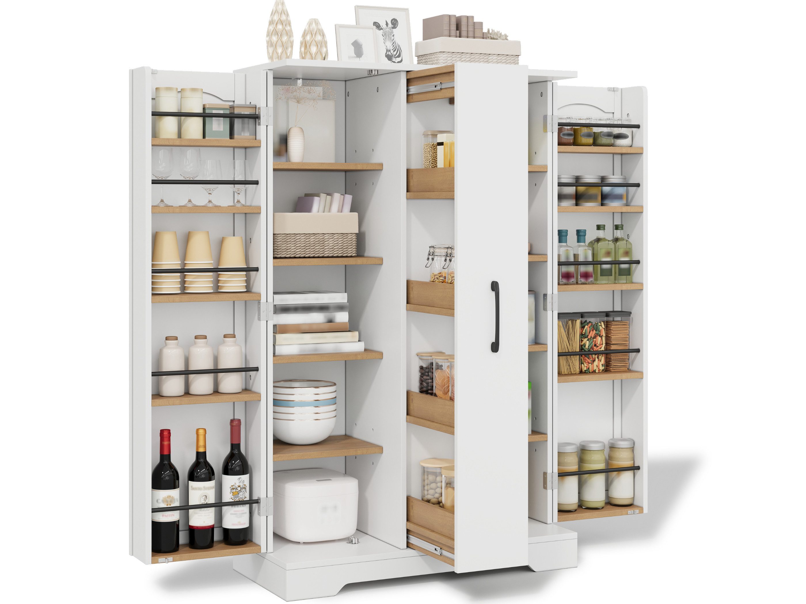 SeedWave Buffet Küchenschrank mit Türregal, Buffet mit 4-stufigem Auszug Vorratsschrank mit Doppeltüren und verstellbaren Fächern
