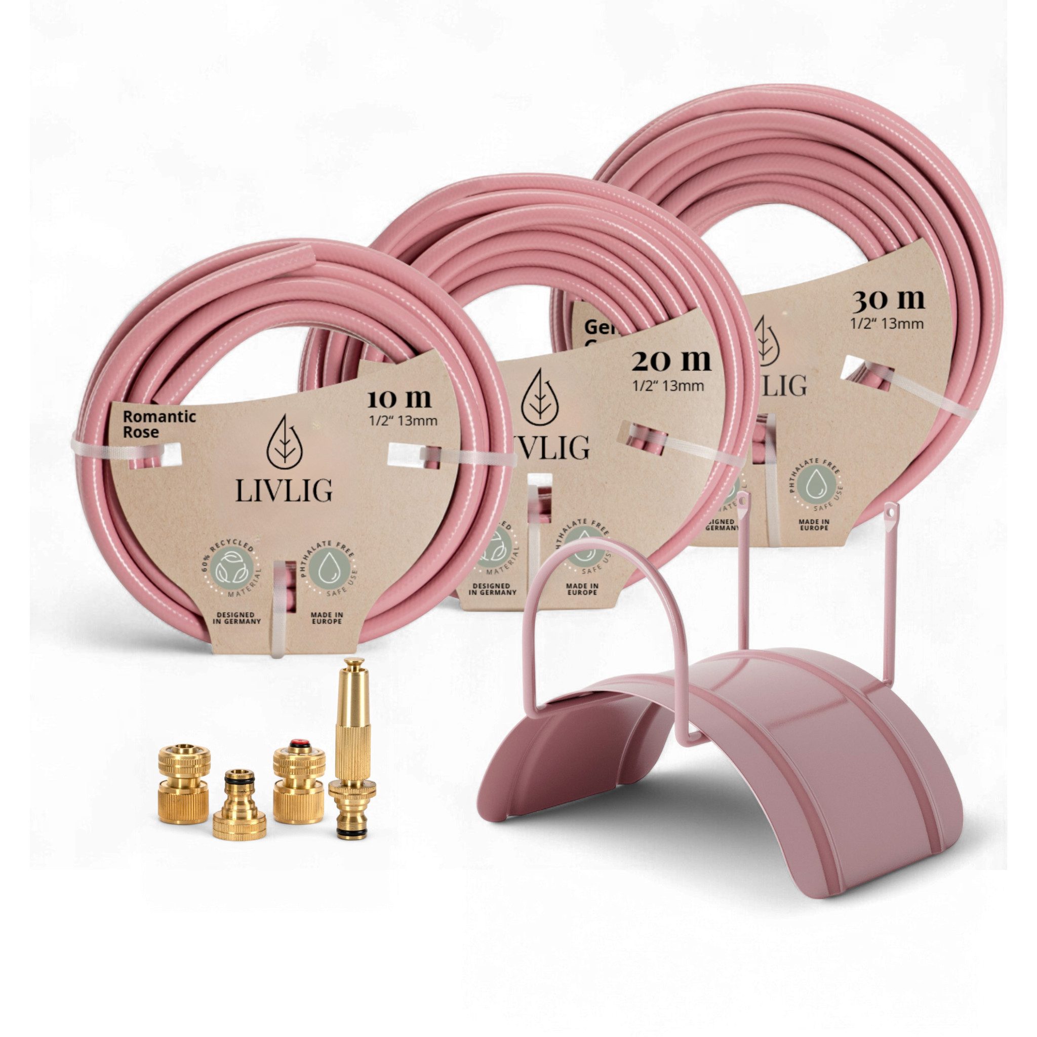 LIVLIG Gartenschlauch im Set, Schöner Gartenschlauch, Wandhalterung, Spritze, Rosa