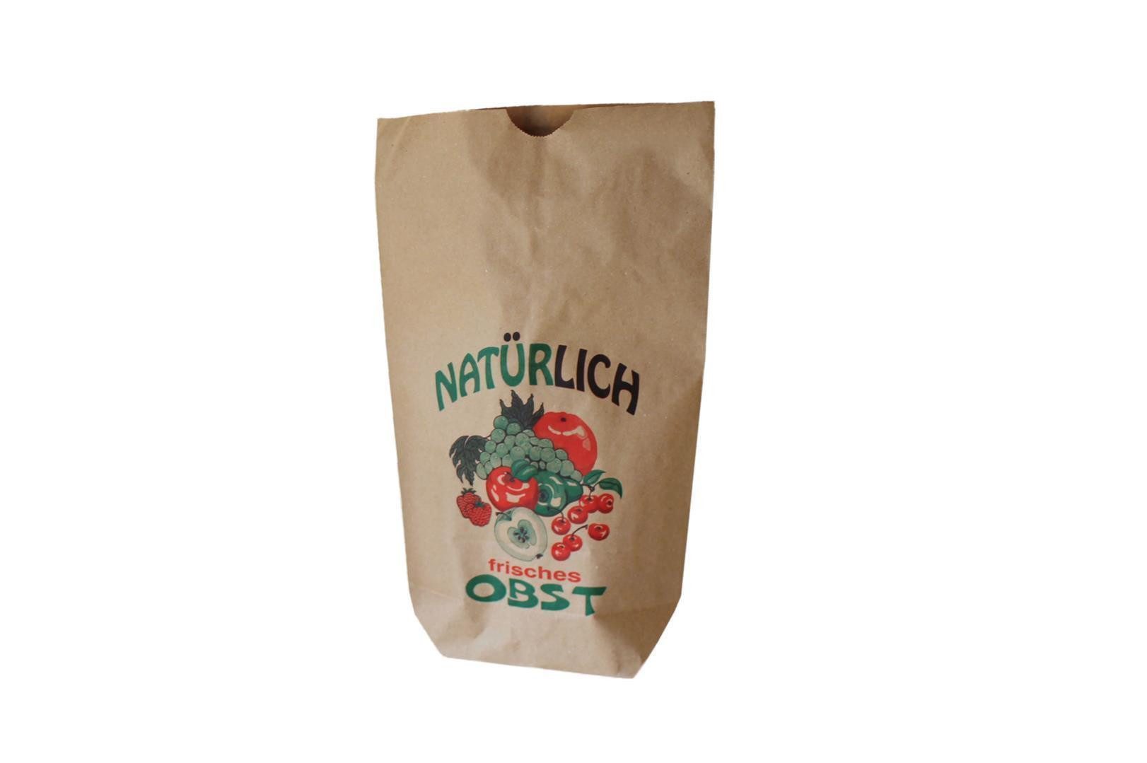 Kraftpapier Papierbodenbeutel braun, gefädelt "Obstmotiv"