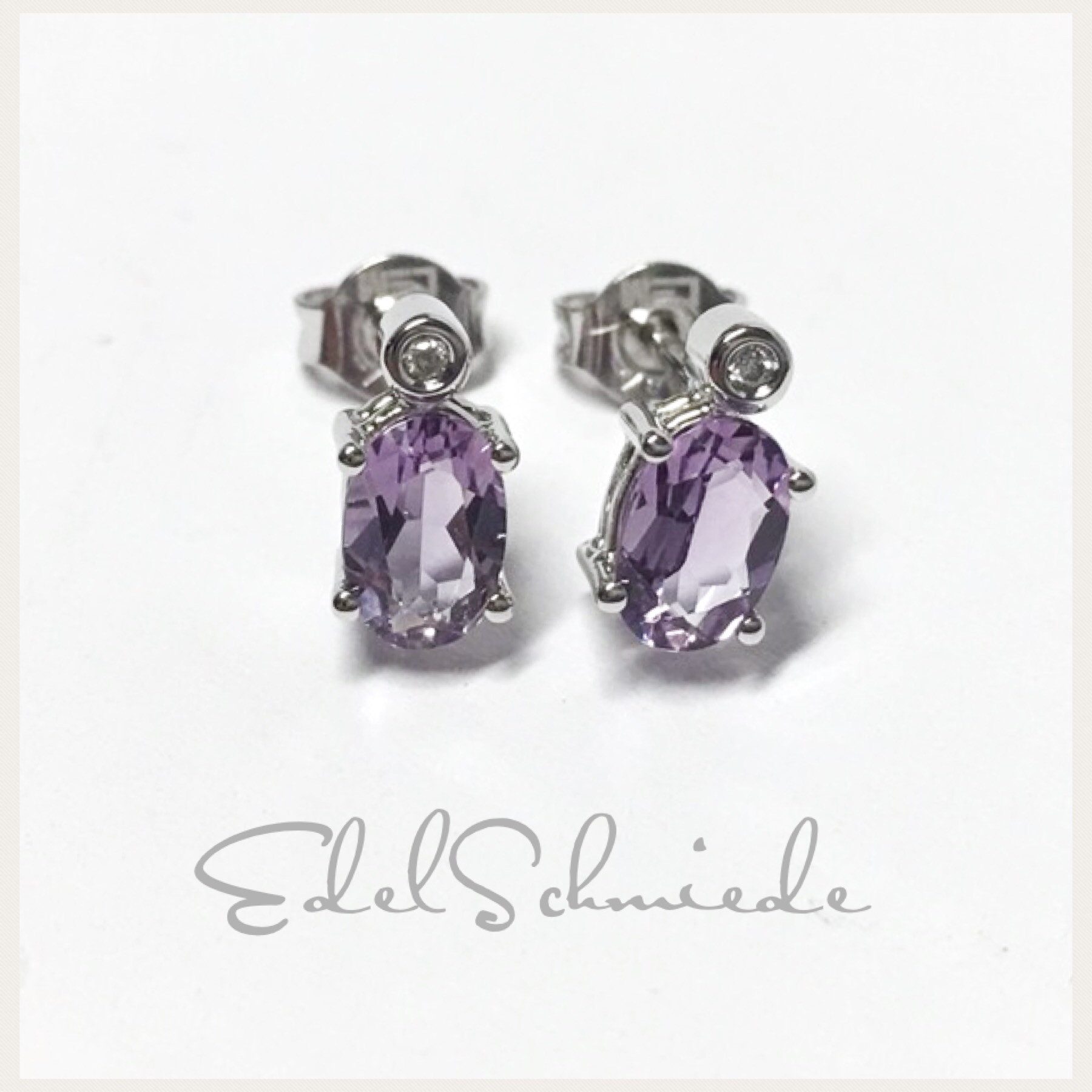 Edelschmiede925 Schmuckset Weißgoldohrstecker ovalem Amethyst + Brillant 585