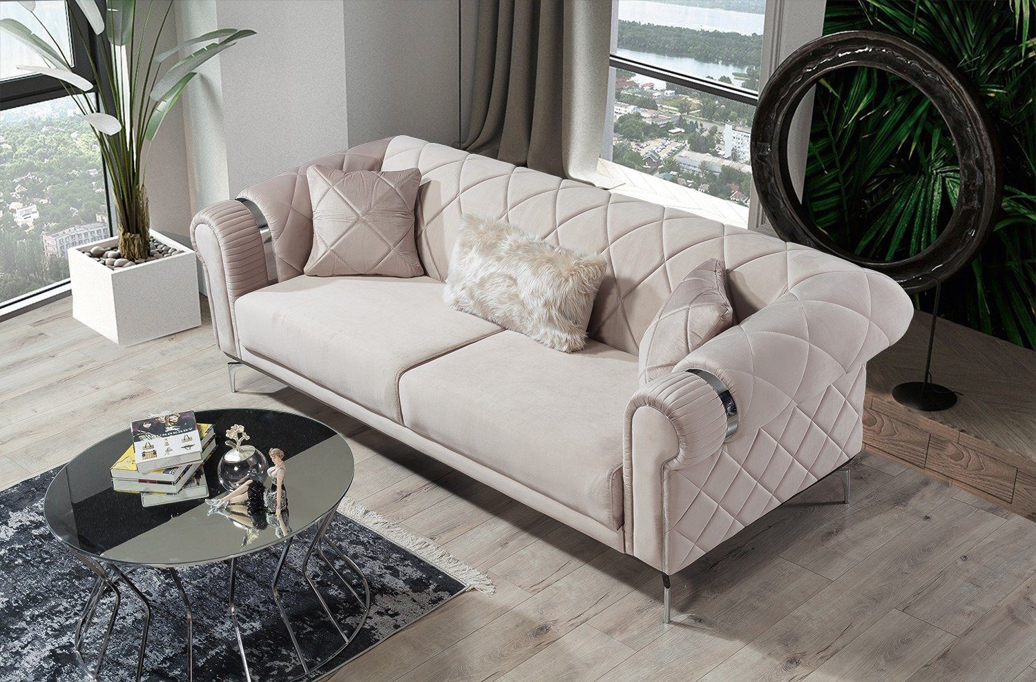 (100% Luxus-Microfaser in Creme Sofy, Polyester) Stk. Möbel 1 2-Sitzer, Quality Made Sofa Turkey, Villa