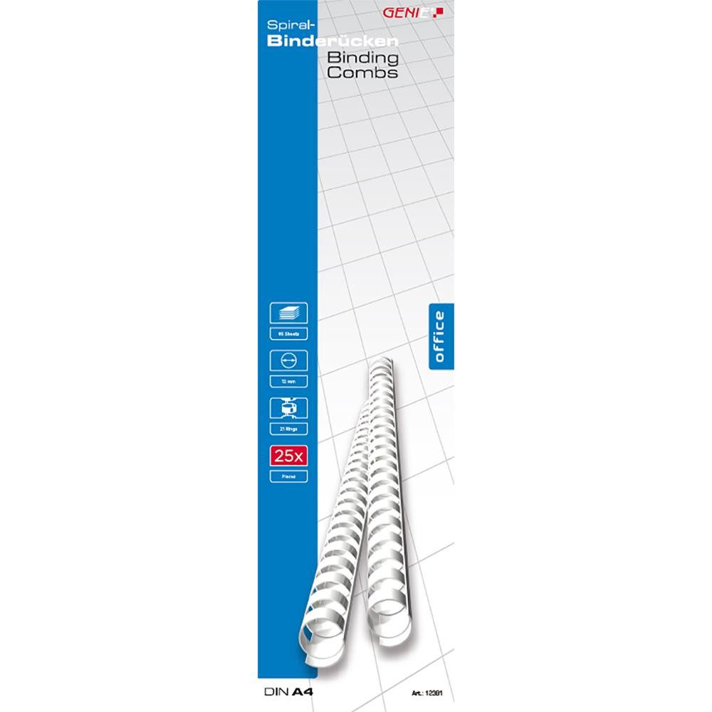 GENIE Drahtbindegerät 12381 Kunststoffspiralen DIN A4, 12 mm, 25 Stück, 21-Ring-System, bis 85 Blatt, um 180° umschlagbar