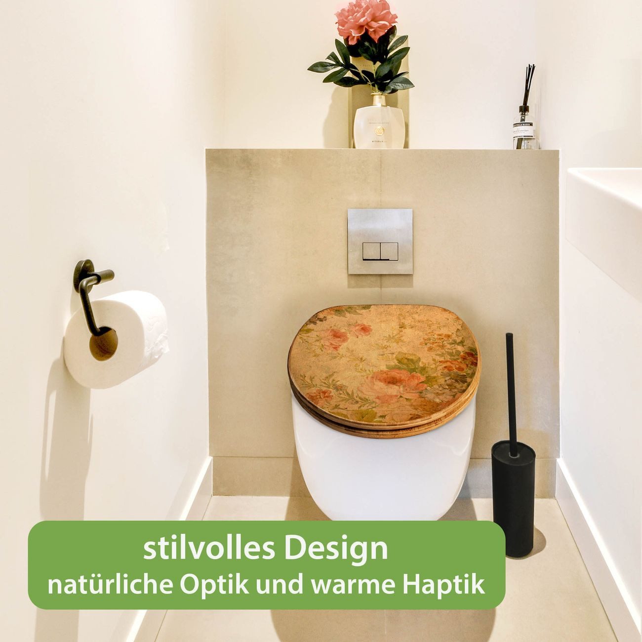 banjado WC-Sitz aus Bambus mit Absenkautomatik Motiv Blumen Antik (umweltfreundliches Material, integrierte Absenkautomatik), 45,8 x 37,5 x 5 cm – Bild 5 von 5