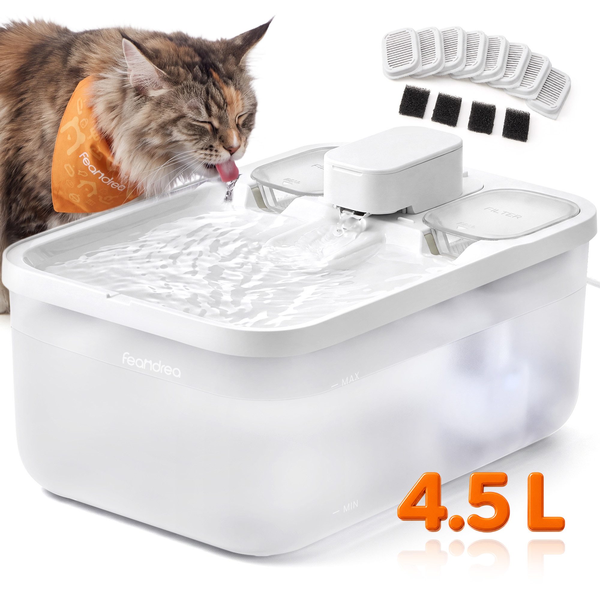 FEANDREA Trinkbrunnen 4,5 L Trinkbrunnen für Katzen, Leiser Haustierbrunnen mit Filtern, und Schwamm, Sichtbarer Wasserstand, 28,7 x 19,3 x 17,3 cm