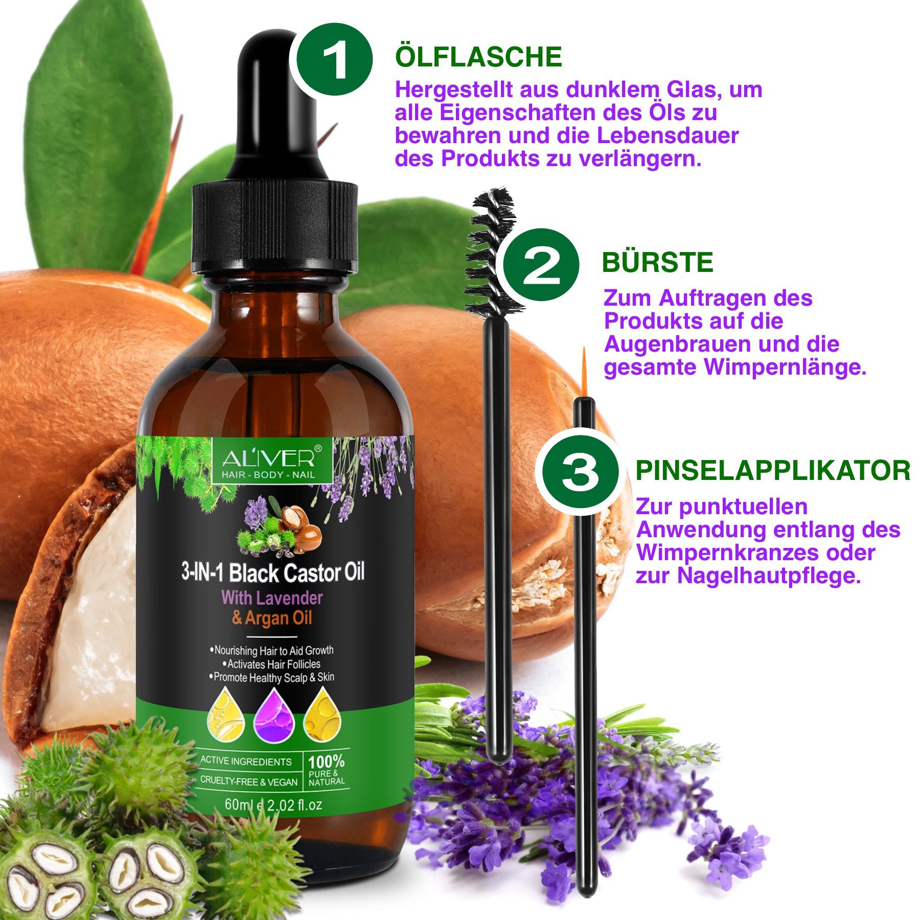 ALIVER Haarpflege-Set Shampoo Conditioner Haaröl mit Biotin Rizinus Lavendel Argan Öl
