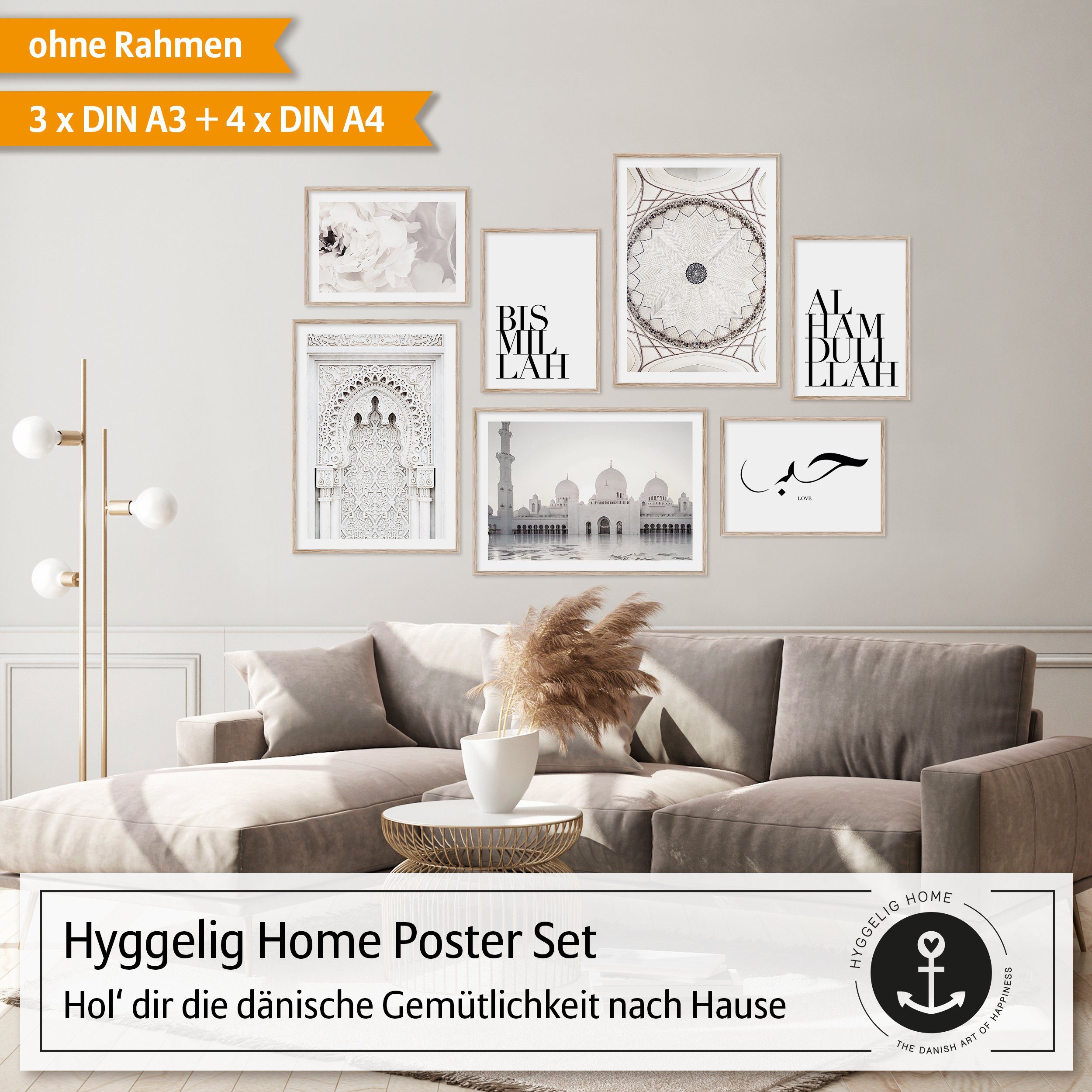 Hyggelig Home Poster Moschee, Premium Poster Set OHNE & MIT Rahmen - 7 Wandbilder Bismillah, Arabic (Set, 7 St), Collage Alhamdulillah Qualitätsdruck dickes Papier