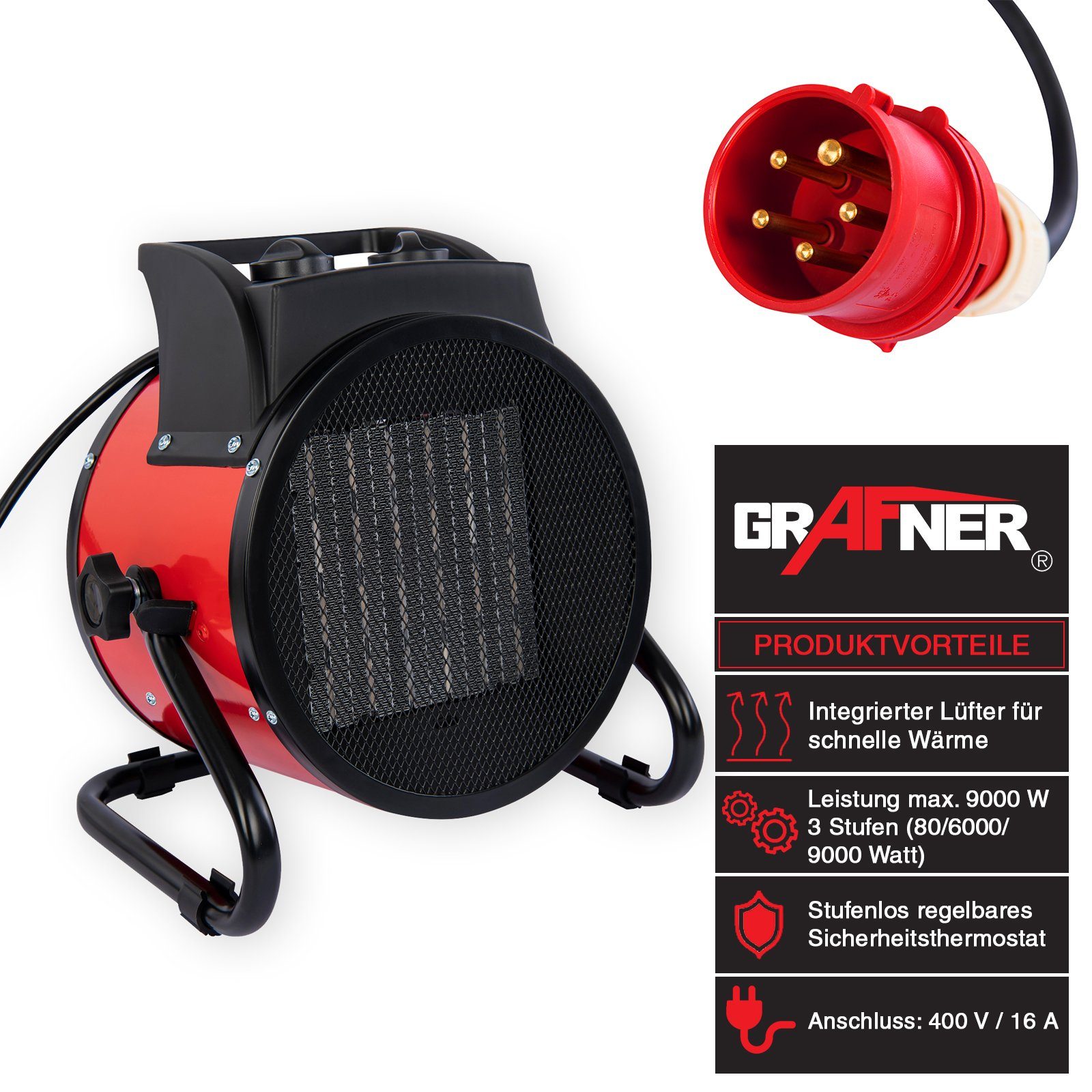 Grafner Heizgerät Heizlüfter Elektroheizer Bauheizer 9000 Watt Heizstrahler 9 KW 400V, 9000 W, 3 Heizstufen, Überhitzunggschutz