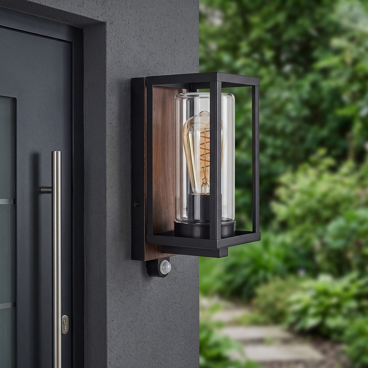 hofstein Außen-Wandleuchte Außenleuchte mit Bewegungsmelder aus Metall/Glas in Schwarz-Braun/Klar, ohne Leuchtmittel, Wandlampe für Terrasse/Hof, 1 x E27, ohne Leuchtmittel, IP44