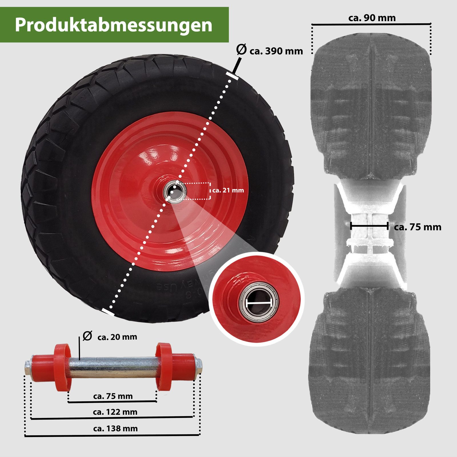 TRUTZHOLM Schubkarren-Rad Pannensicheres Vollgummi 4.80/4.00-8 grau/schwarz + Achse Ersatzrad (Einzeln, 1 St), Kugellager