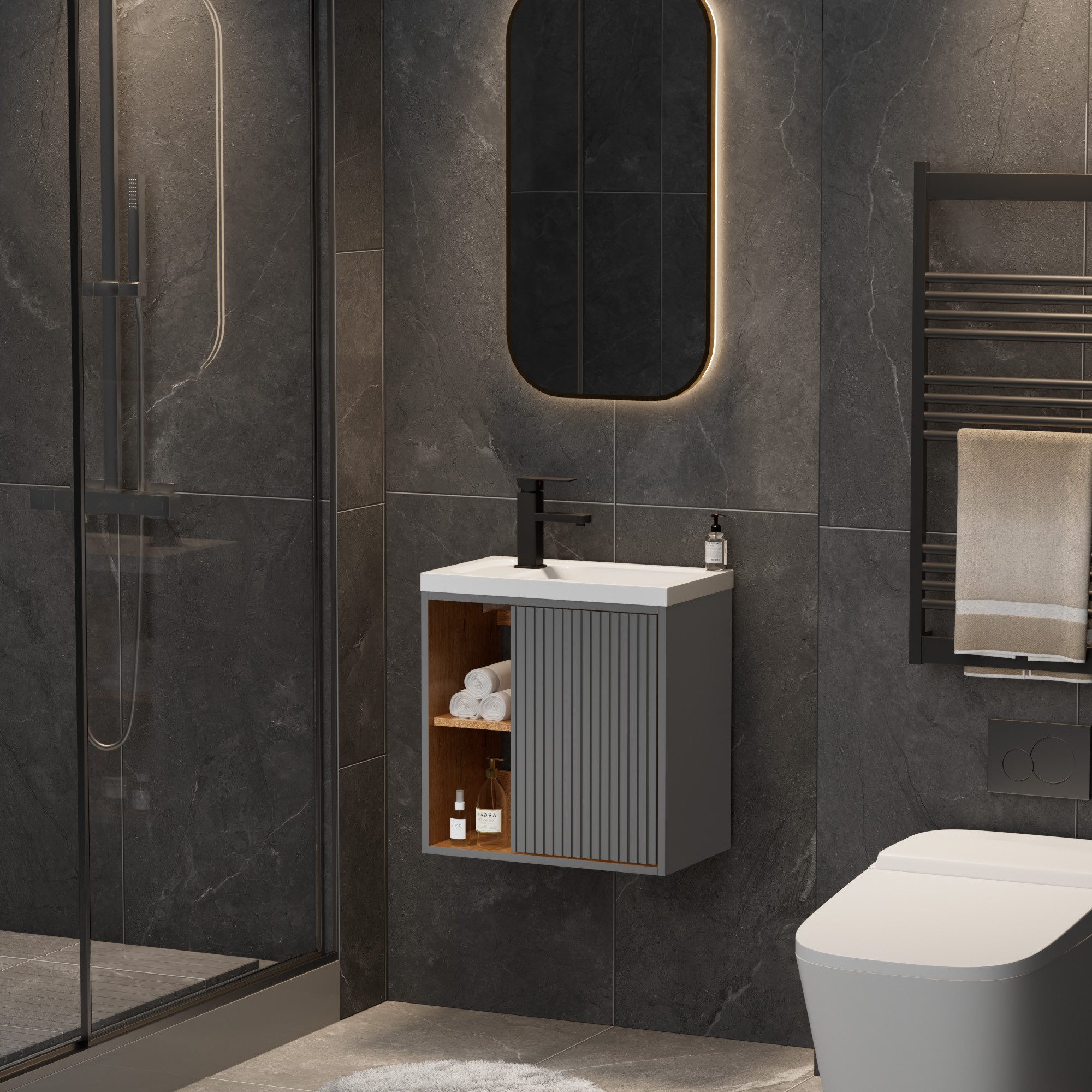 UEV Waschtisch klein Waschbecken mit Unterschrank set Badmöbel Gäste-WC (Breit 50cm, Komplett-Set, Badezimmmer Schrank für Gäste WC, Unterschrank mit Harzbecken – Bild 3 von 5