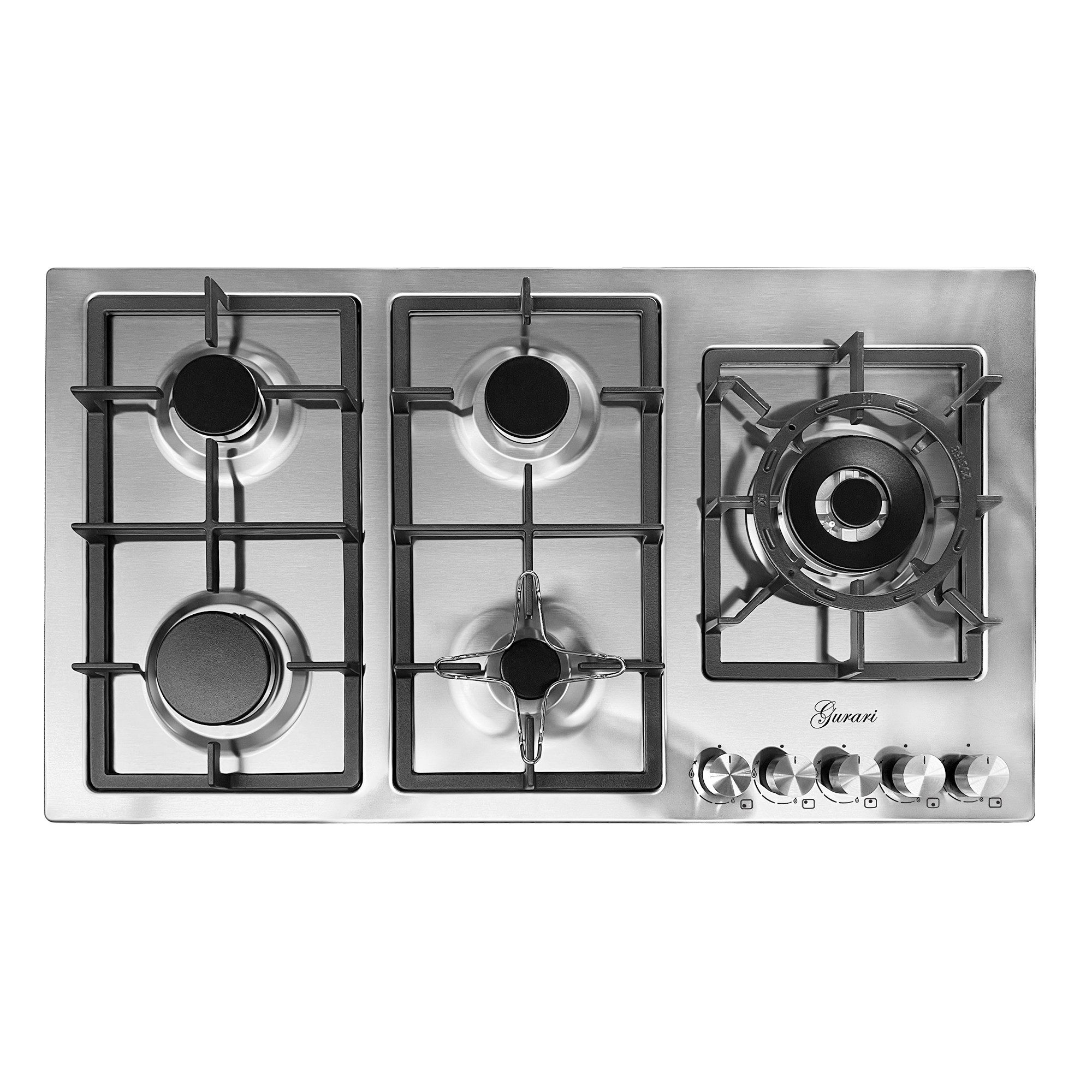 GURARI Gas-Kochfeld GCH FQ 905 +WOK Adapter+Kaffeadapter 90 cm, Edelstahl, 4,0 KW WOK, 5 Gasbrenner,Erdgas, FL.Gas